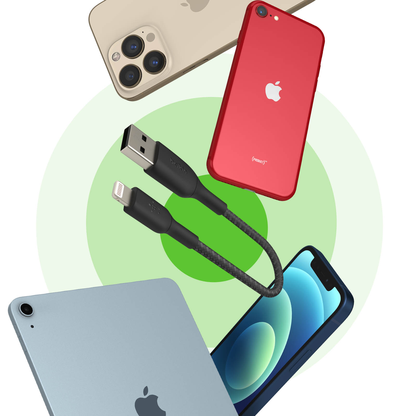Des appareils Apple et un câble de chargement sont présentés, dont iPhone, iPad et câble.