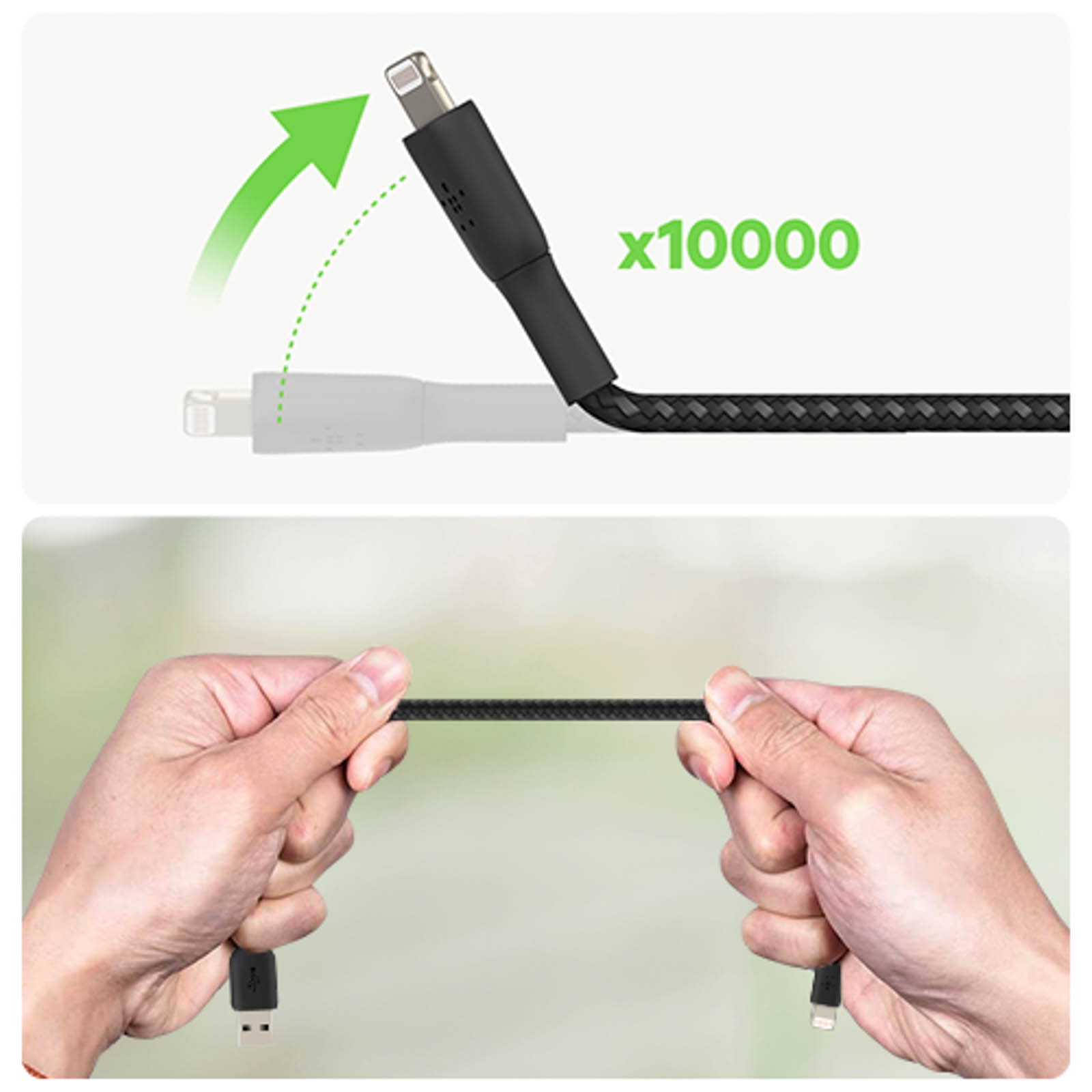 Gros plan d'un câble noir montrant la flexibilité et la durabilité du connecteur Lightning.