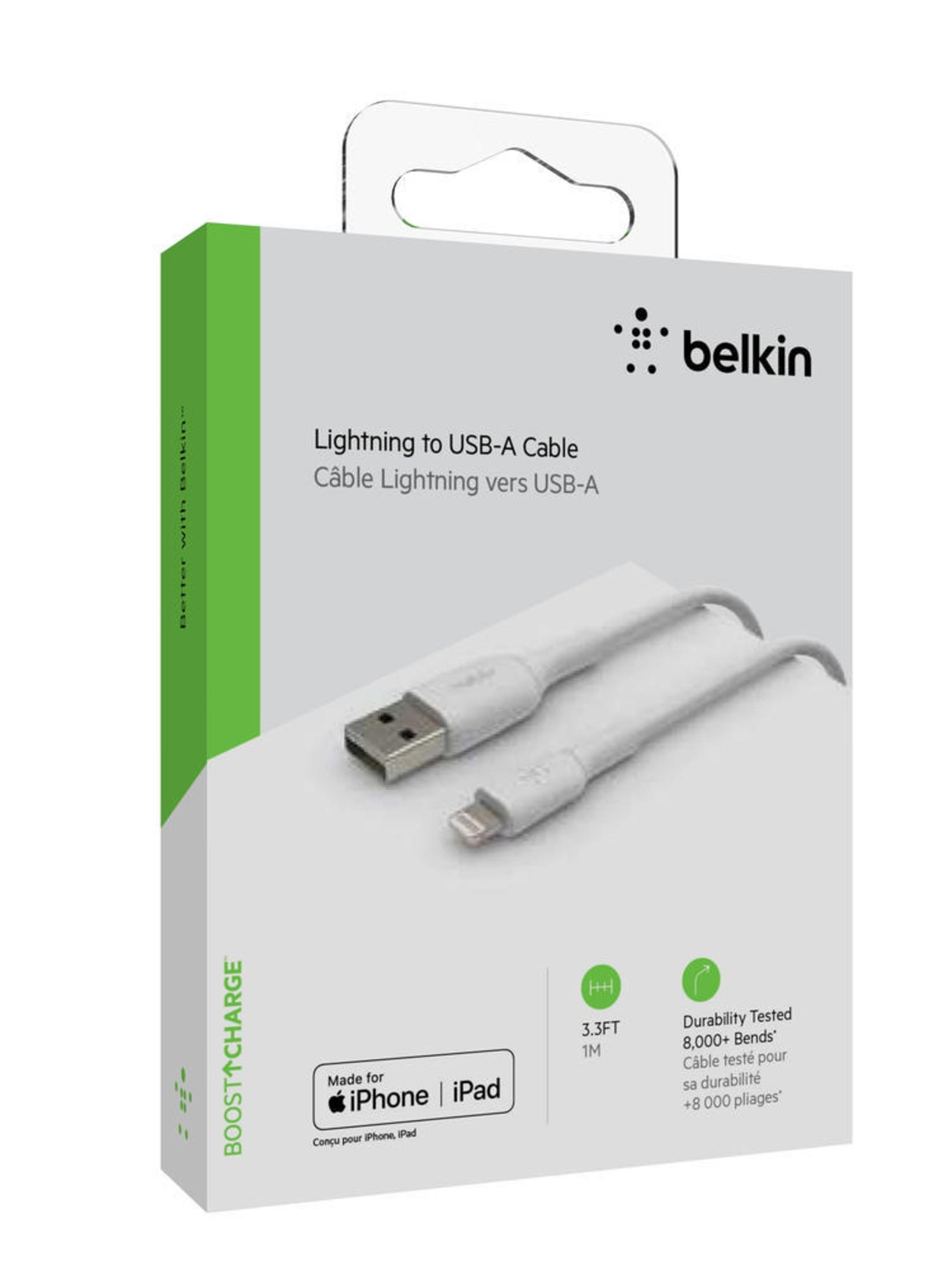 Câble Belkin Lightning vers USB-A dans une boîte blanche et verte. La boîte porte le logo et le texte Belkin.