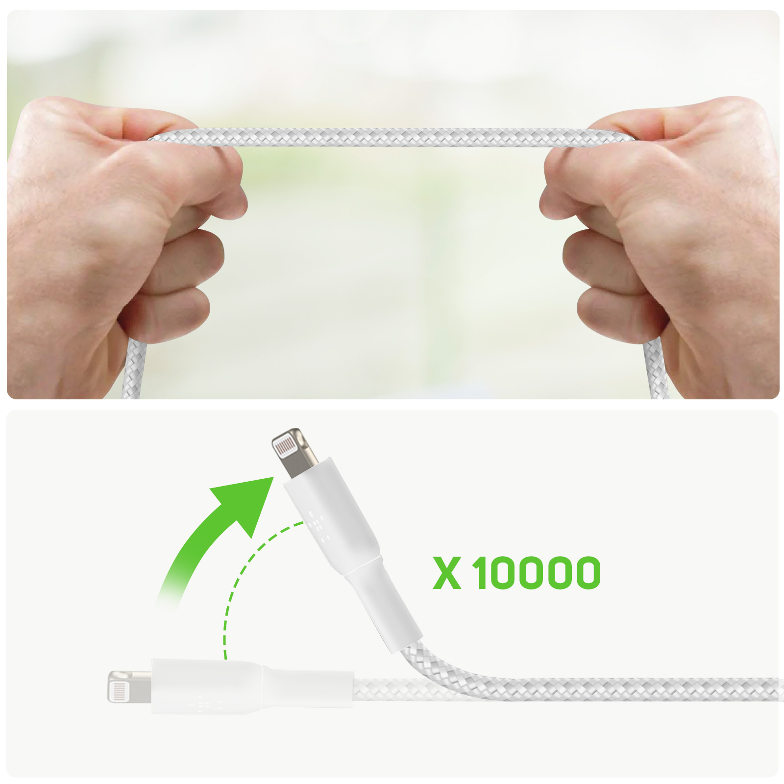 Mains étirant un câble tressé blanc et un câble avec connecteur Lightning.