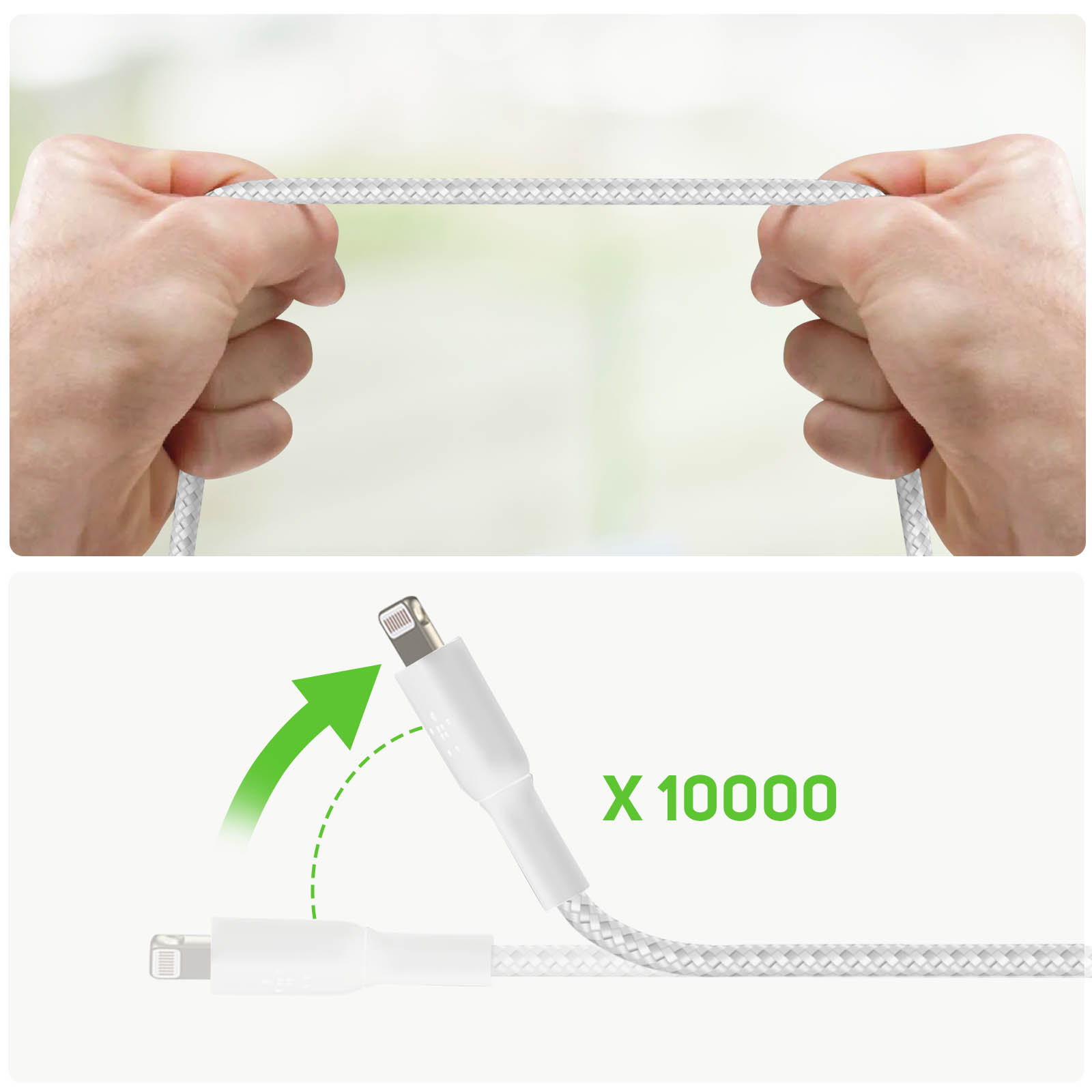 Deux mains étirent un câble de chargement blanc. Une seconde image montre le câble plié.