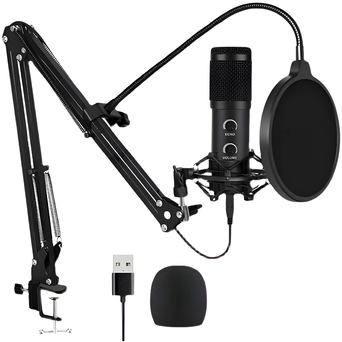 Studio-Mikrofon-Setup mit Pop-Filter, Mikrofonarm und USB-Kabel, schwarz.