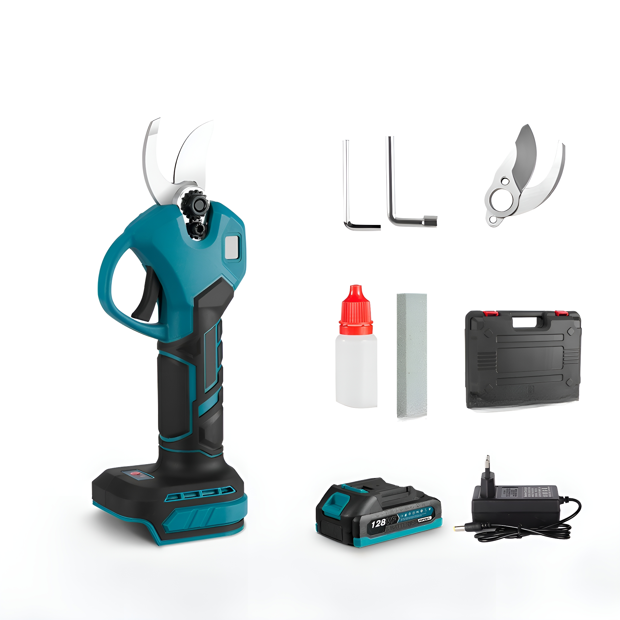 Elektrische Gartenschere, Akku, Ladegerät, Ölflasche, kleiner Schraubenschlüssel und ein Etui.