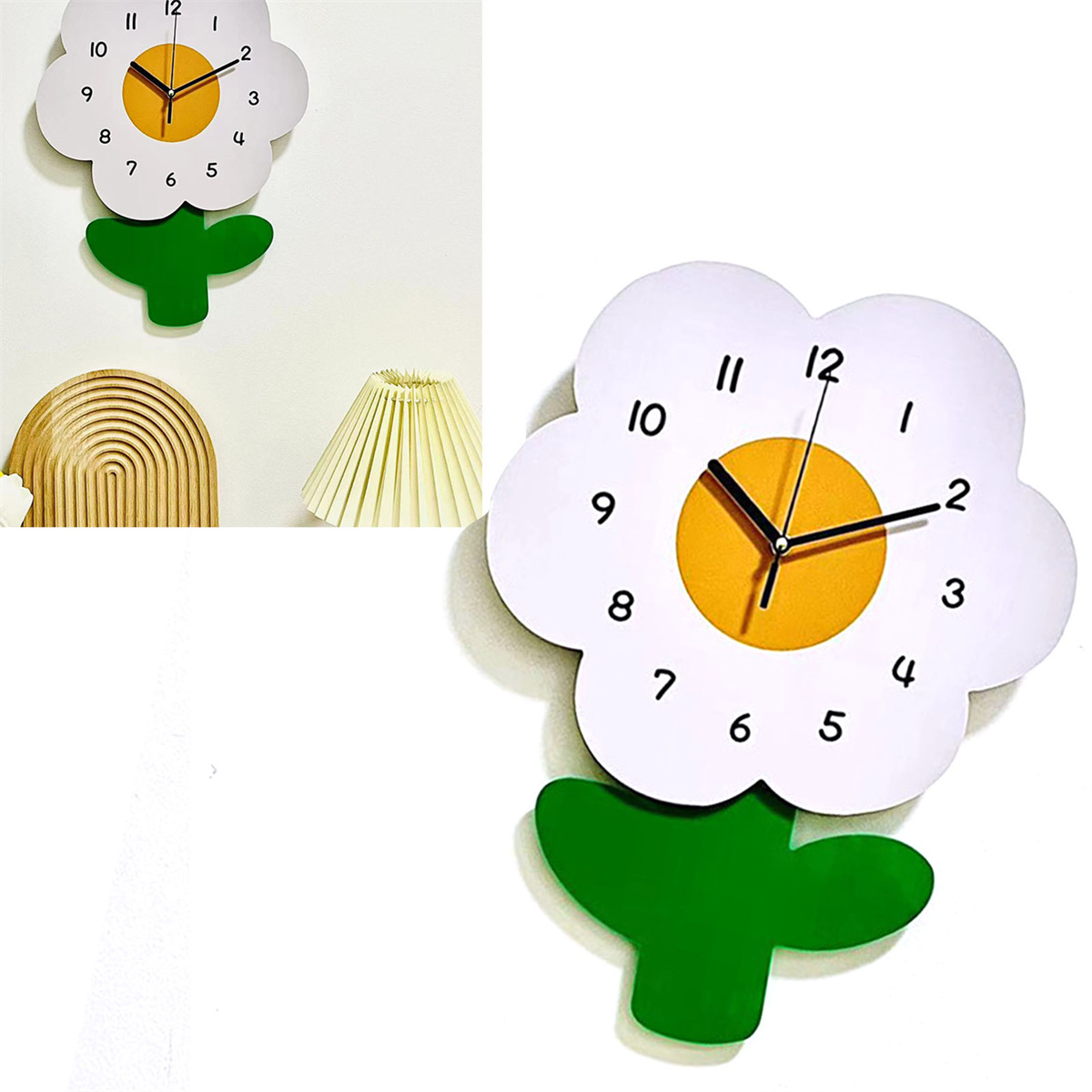 Eine blütenförmige Uhr an einer weißen Wand, mit grünem Blatt und gelbem Zentrum.