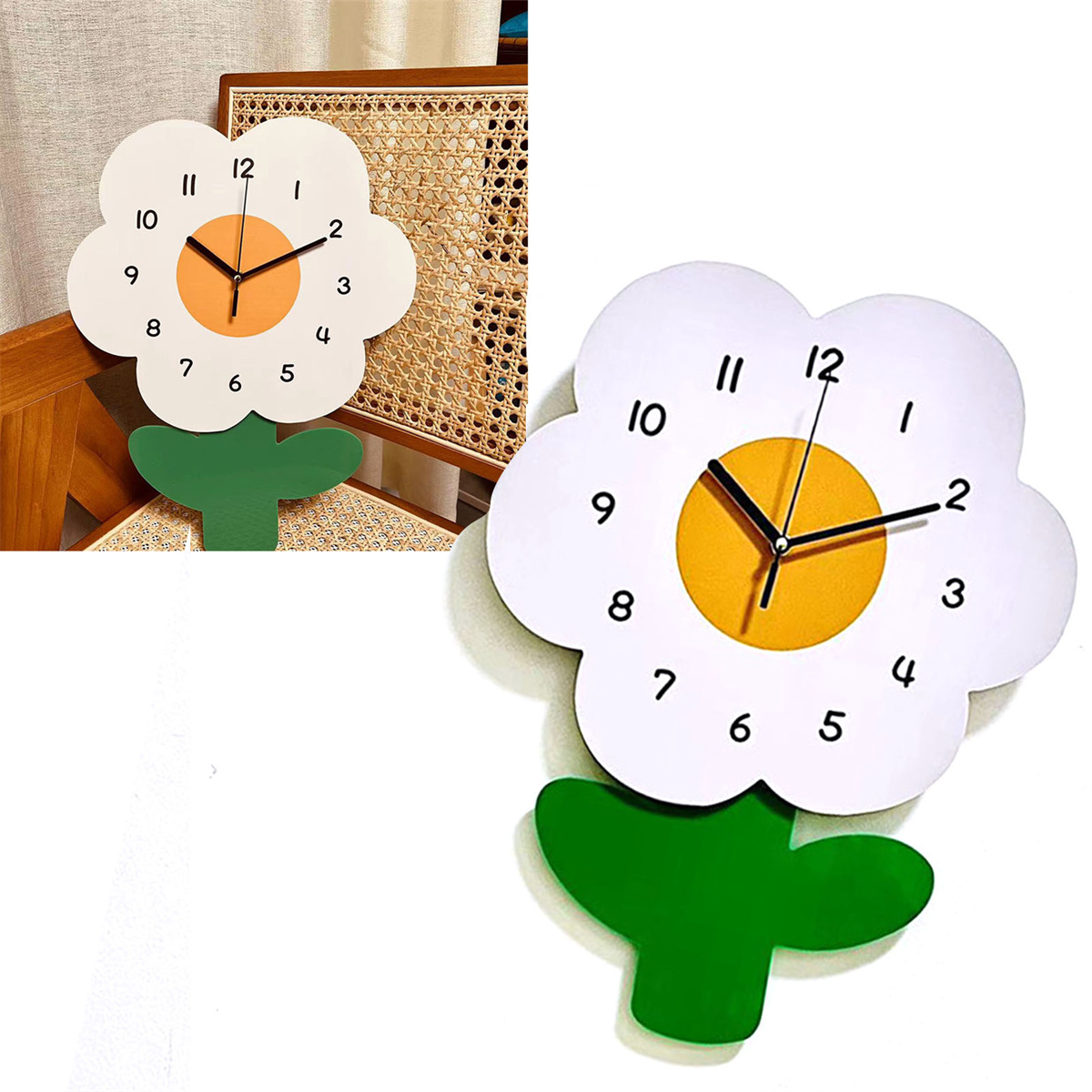 Holz-Gänseblümchen-Uhr. Weiße Blütenblätter, orangefarbene Mitte und grüne Blätter.