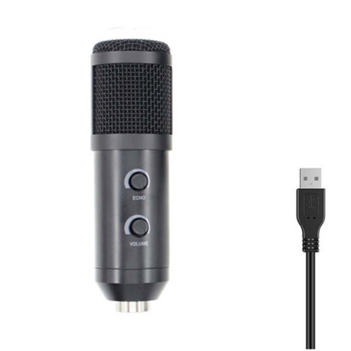 Ein schwarzes Mikrofon mit Lautstärke- und Echo-Reglern und einem USB-Kabel.