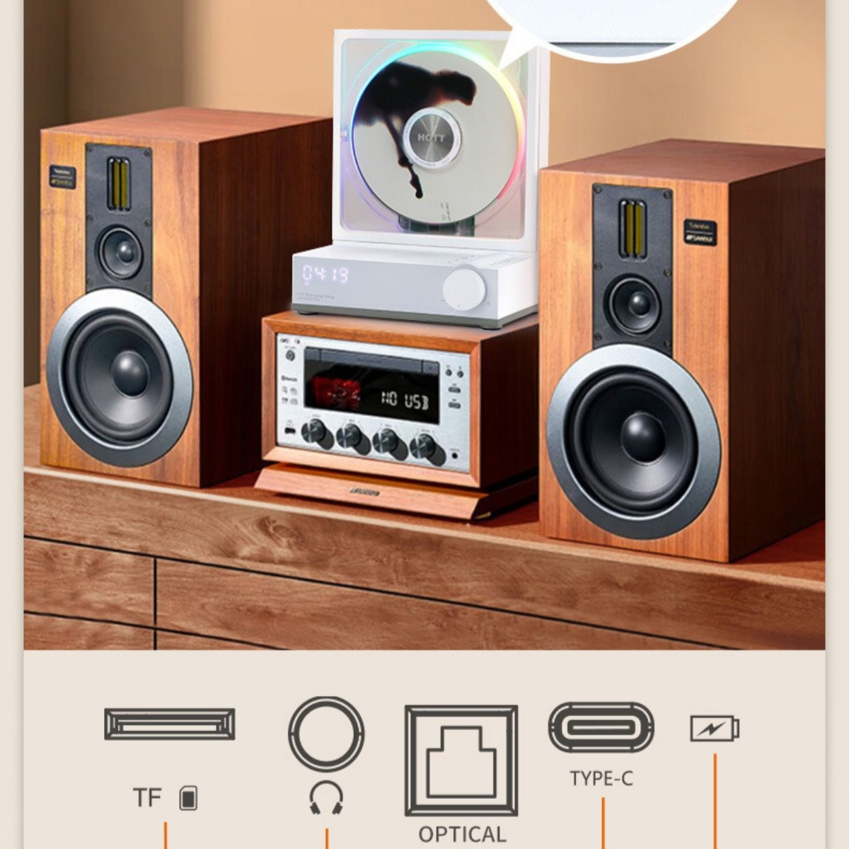 Eine Stereoanlage mit Lautsprechern, CD-Player und Receiver.