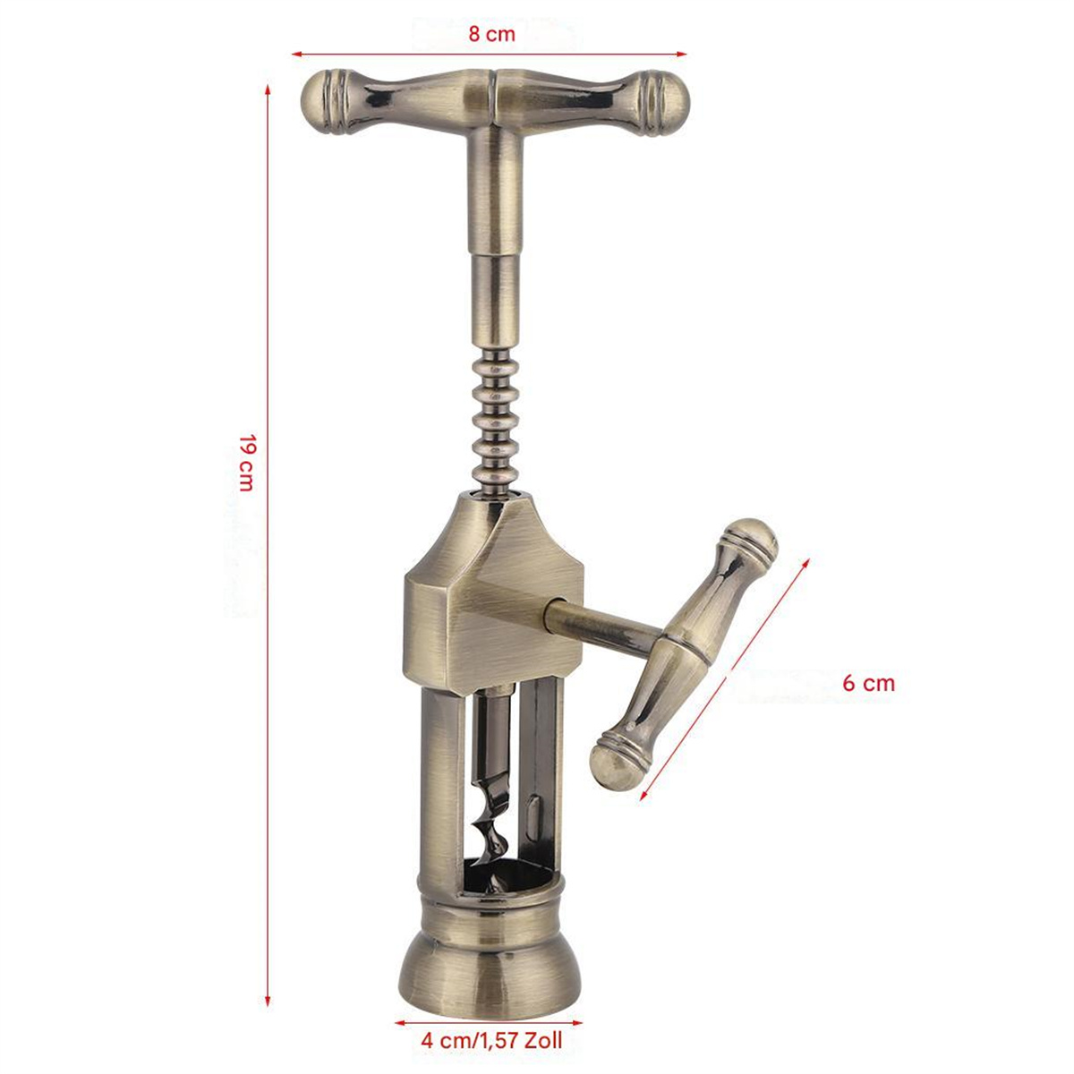 Ein Metall-Korkenzieher mit Maßen: 19 cm hoch, 8 cm breit, und 6 cm Griff und 4 cm Boden.