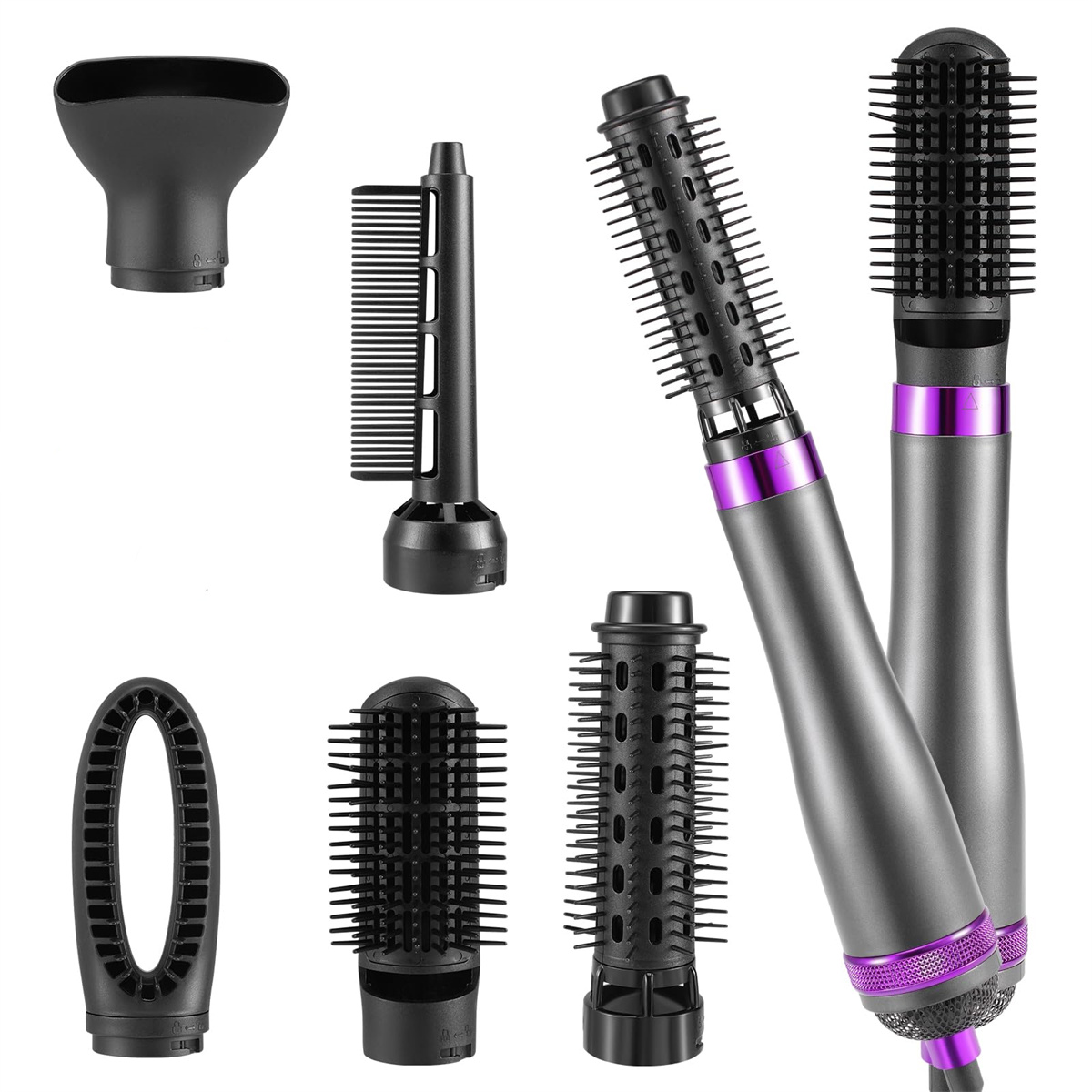 Haarstyling-Werkzeuge: Föhn, Kämme und zwei Lockenwicklerbürsten.