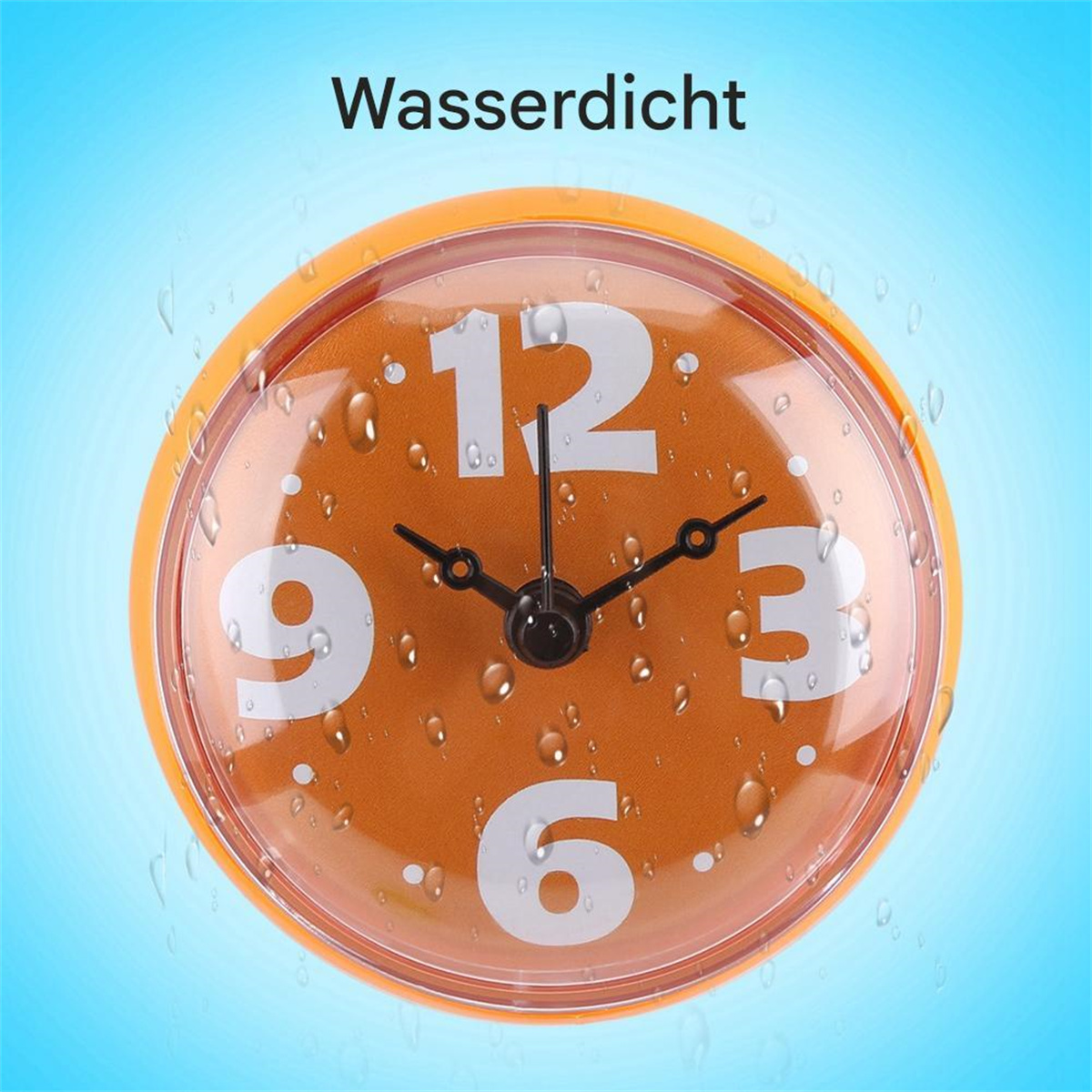 Orange wasserdichte Uhr mit weißen Zahlen. Wassertropfen auf der Oberfläche.