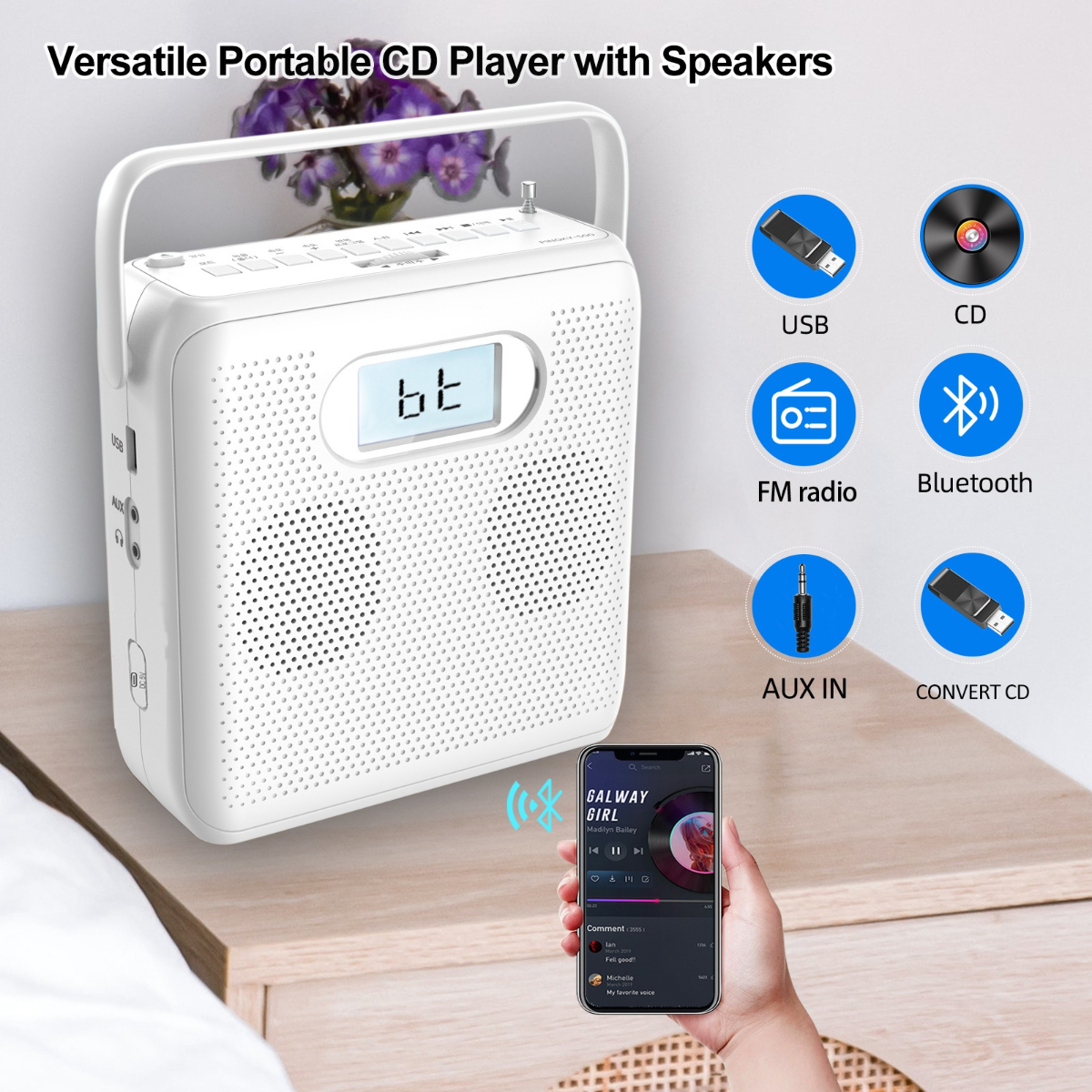 Weißer tragbarer CD-Player mit Lautsprechern. Er hat einen Bildschirm, Knöpfe und einen Griff. Ein Telefon ist in der Nähe.