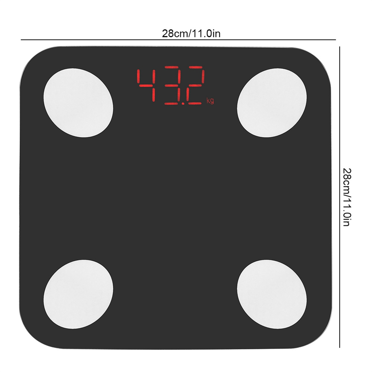 Schwarze digitale Badezimmerwaage mit 43,2 kg, weißen Kreisen.