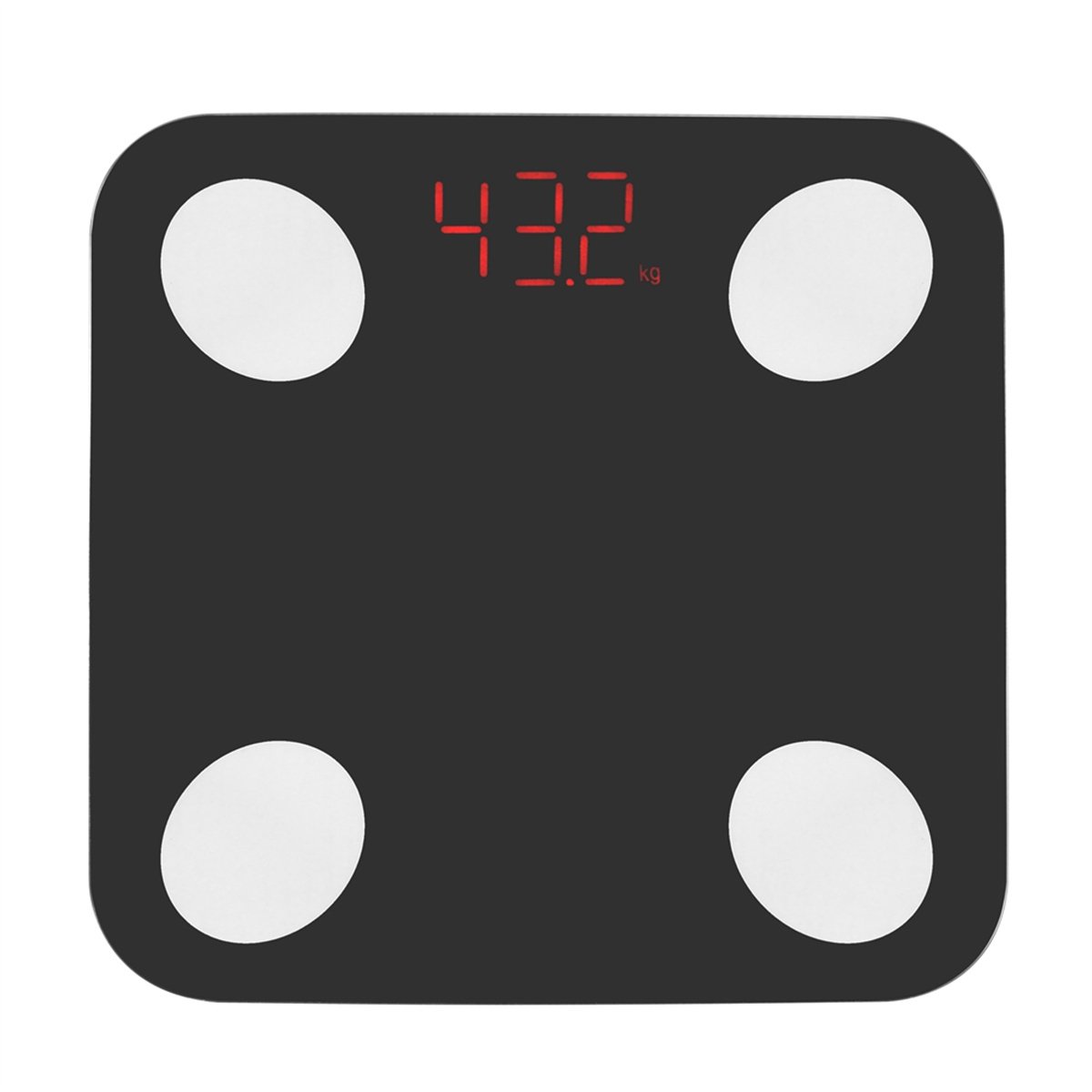 Eine schwarze Digitalwaage zeigt 43,2 kg an, mit vier weißen Kreisen in den Ecken.