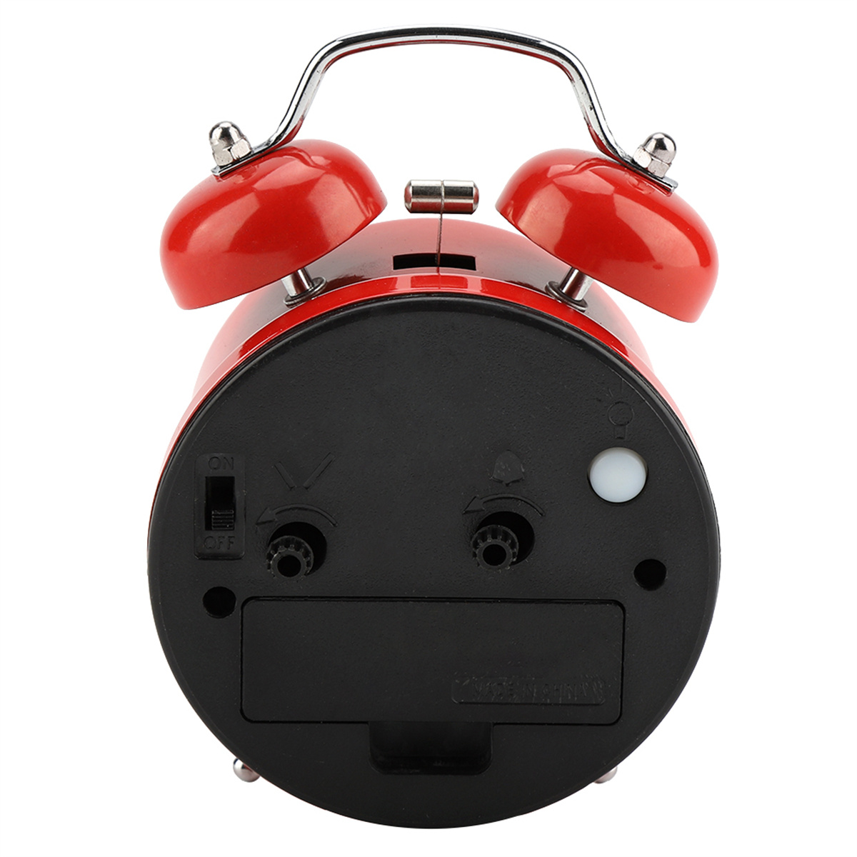Roter Retro-Wecker mit zwei Glocken. Die Rückseite zeigt Einstellungen und Batteriefach.