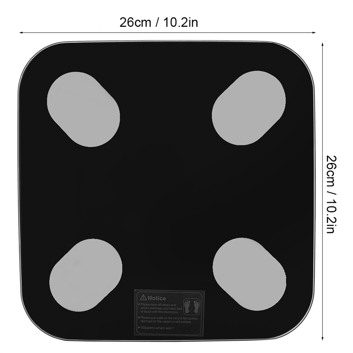 Schwarze Digitalwaage mit vier grauen kreisförmigen Bereichen. Text: 26 cm / 10,2 Zoll, Hinweis zur Verwendung.