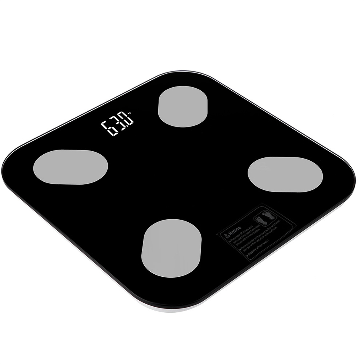 Eine schwarze digitale Waage mit vier grauen Kreisen und einem Digitaldisplay.