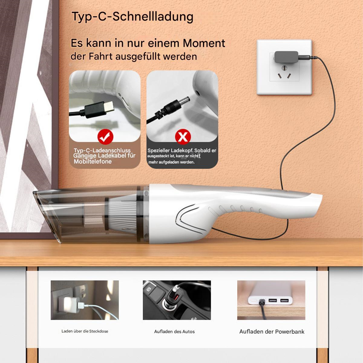 Diagramm eines weißen Handstaubsaugers, der geladen wird. Enthält Lademethoden: Wand, Auto und Powerbank.
