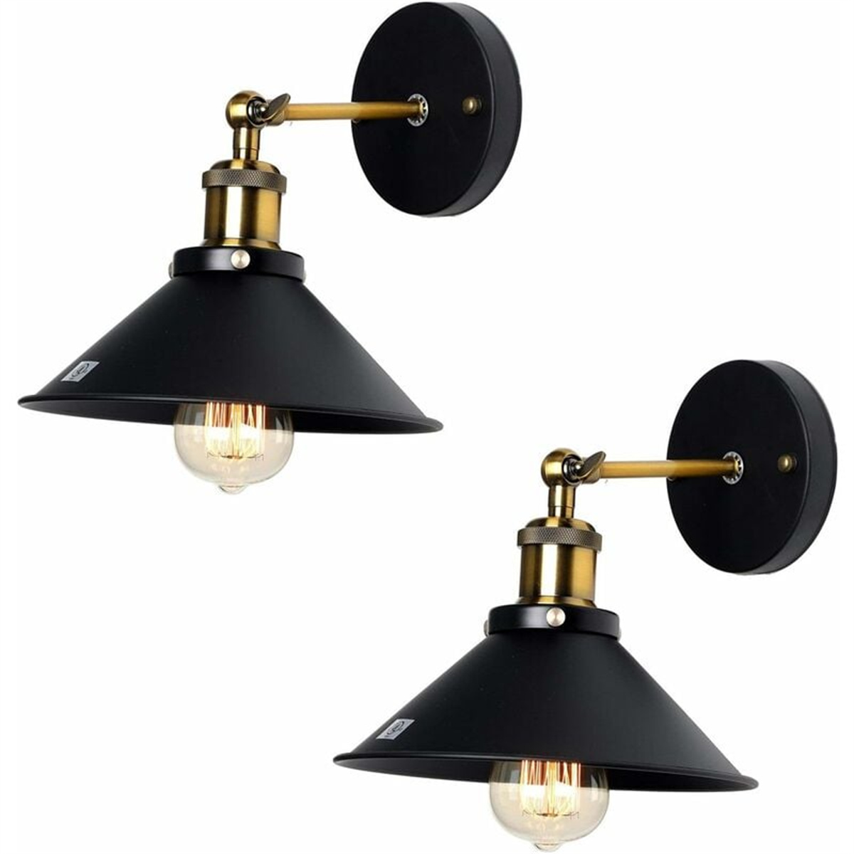 Zwei schwarze Wandleuchten im Vintage-Design. Jede hat einen schwarzen Schirm und eine Glühbirne.