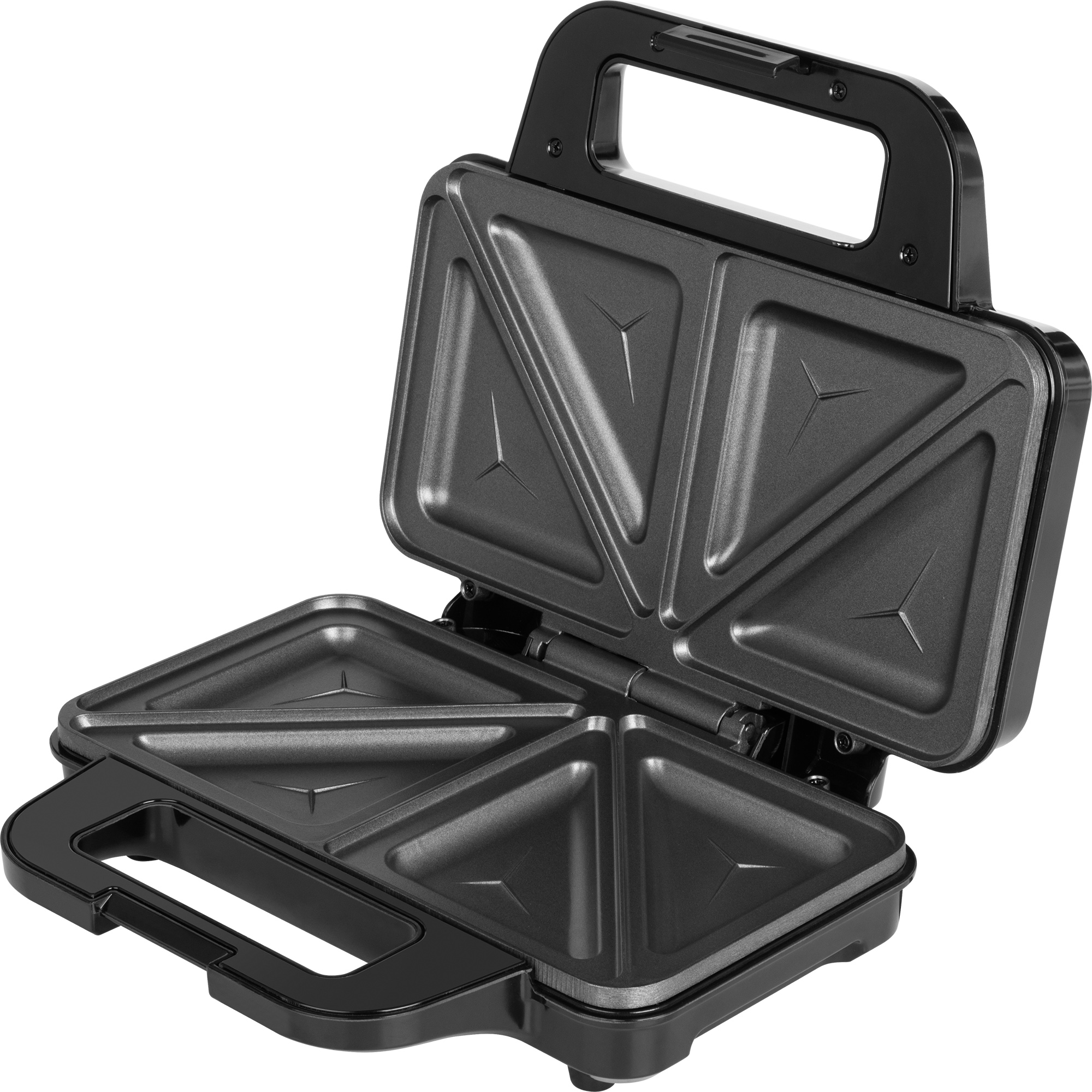 Ein schwarzer Sandwichmaker ist geöffnet und zeigt die Kochplatten. Der Griff ist oben.