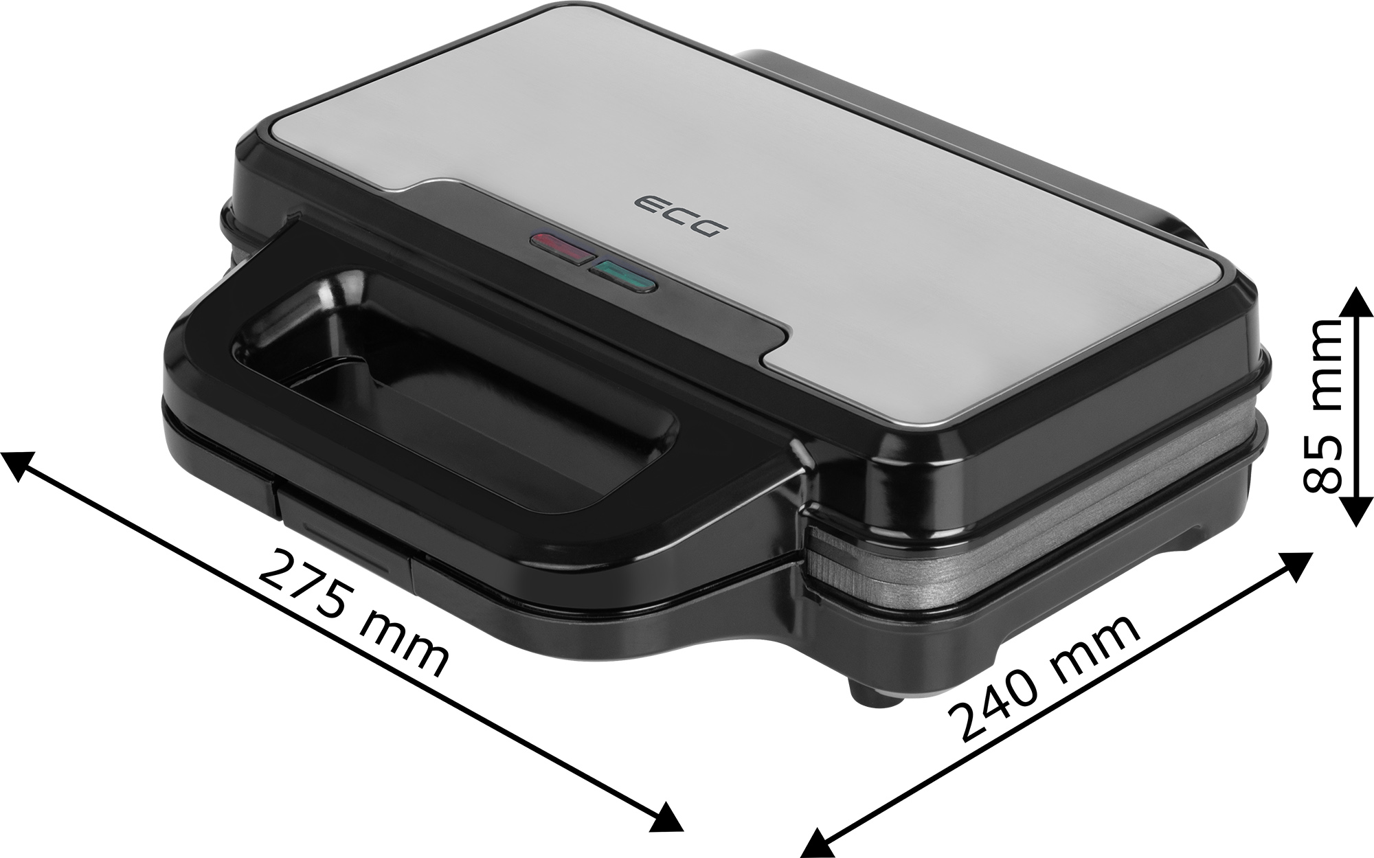Ein geschlossener Sandwichmaker mit markierten Abmessungen. Es ist schwarz und silber, 275x240x85mm.