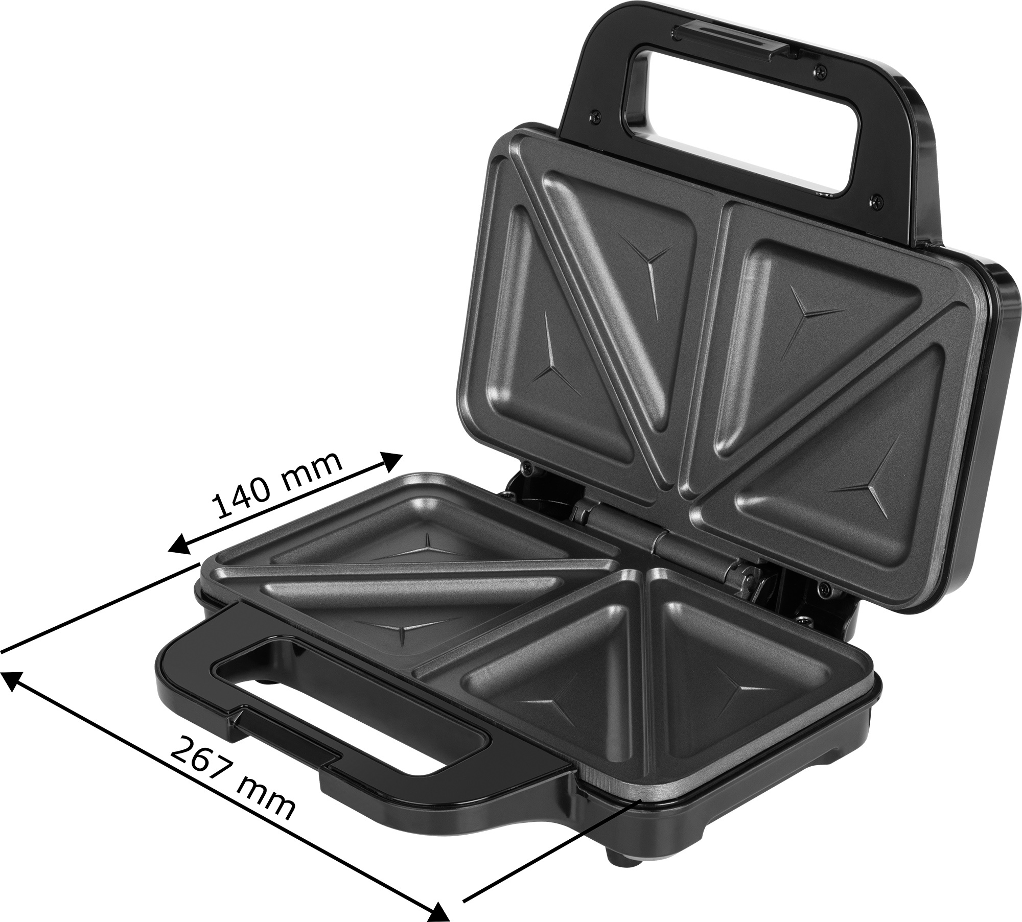 Schwarzer Sandwichmaker mit offenem Deckel. Zeigt die dreieckigen Platten.