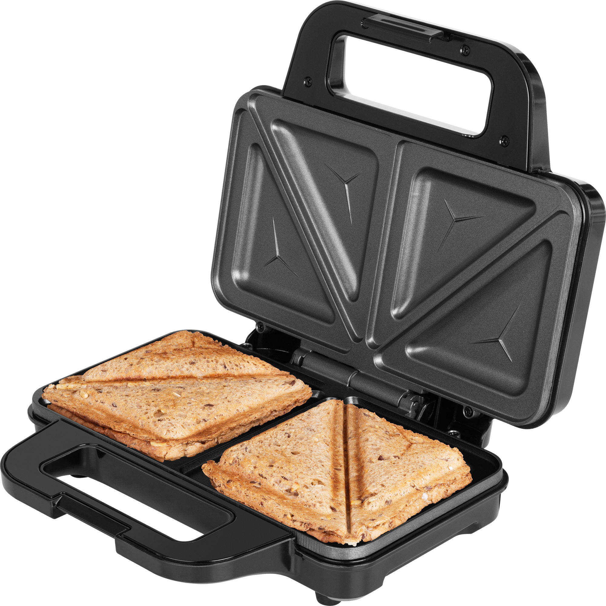 Schwarzer Sandwichmaker mit zwei Sandwiches, geöffnet auf weißem Hintergrund.