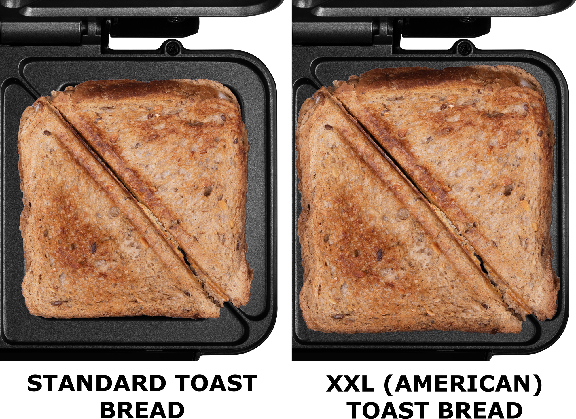 Zwei Toastbrotscheiben in einem Sandwichmaker. Standard und XXL American.