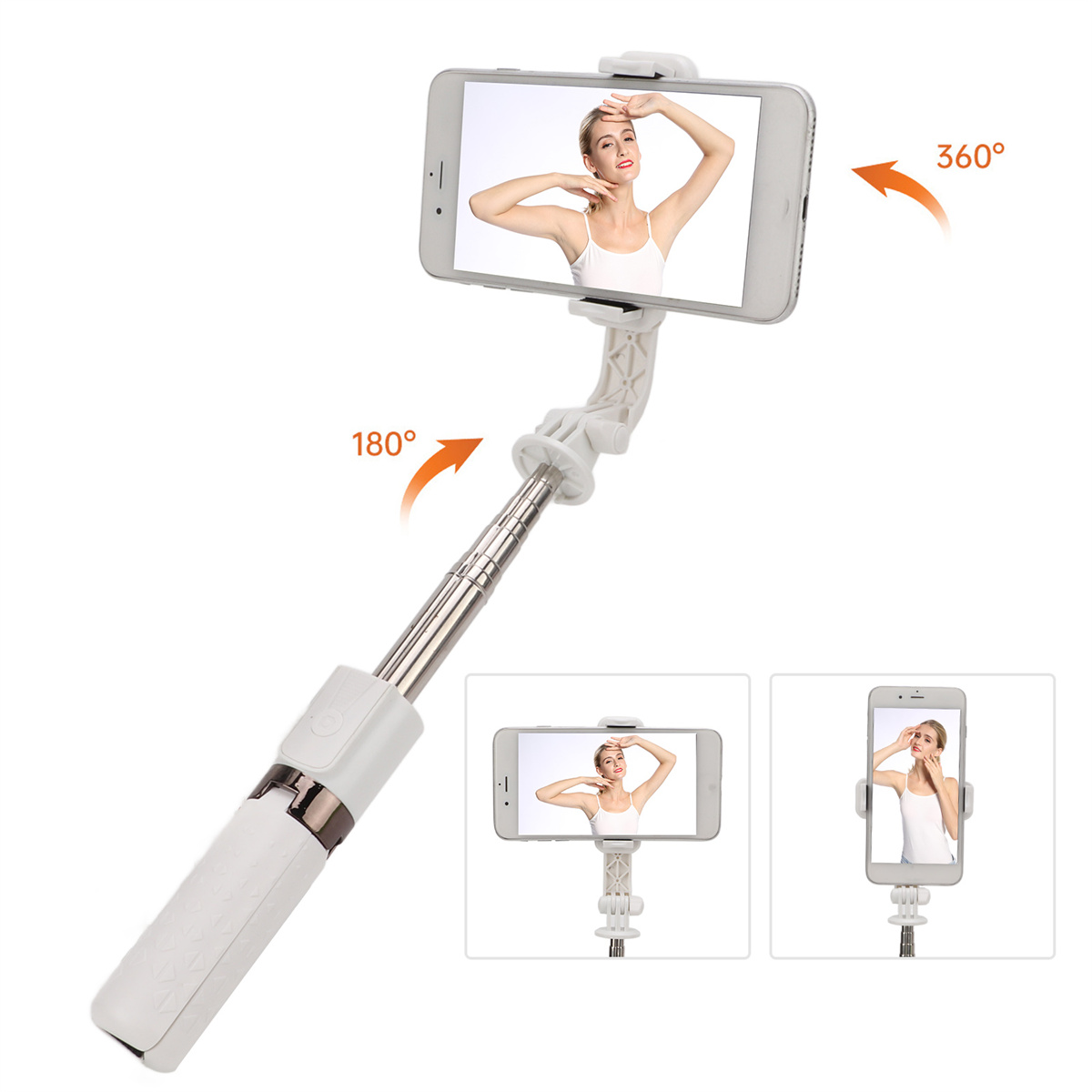 Ein weißer Selfie-Stick mit befestigtem Telefon. Es zeigt eine Frau, die ein Telefon hält. Der Stick hat Richtungspfeile.
