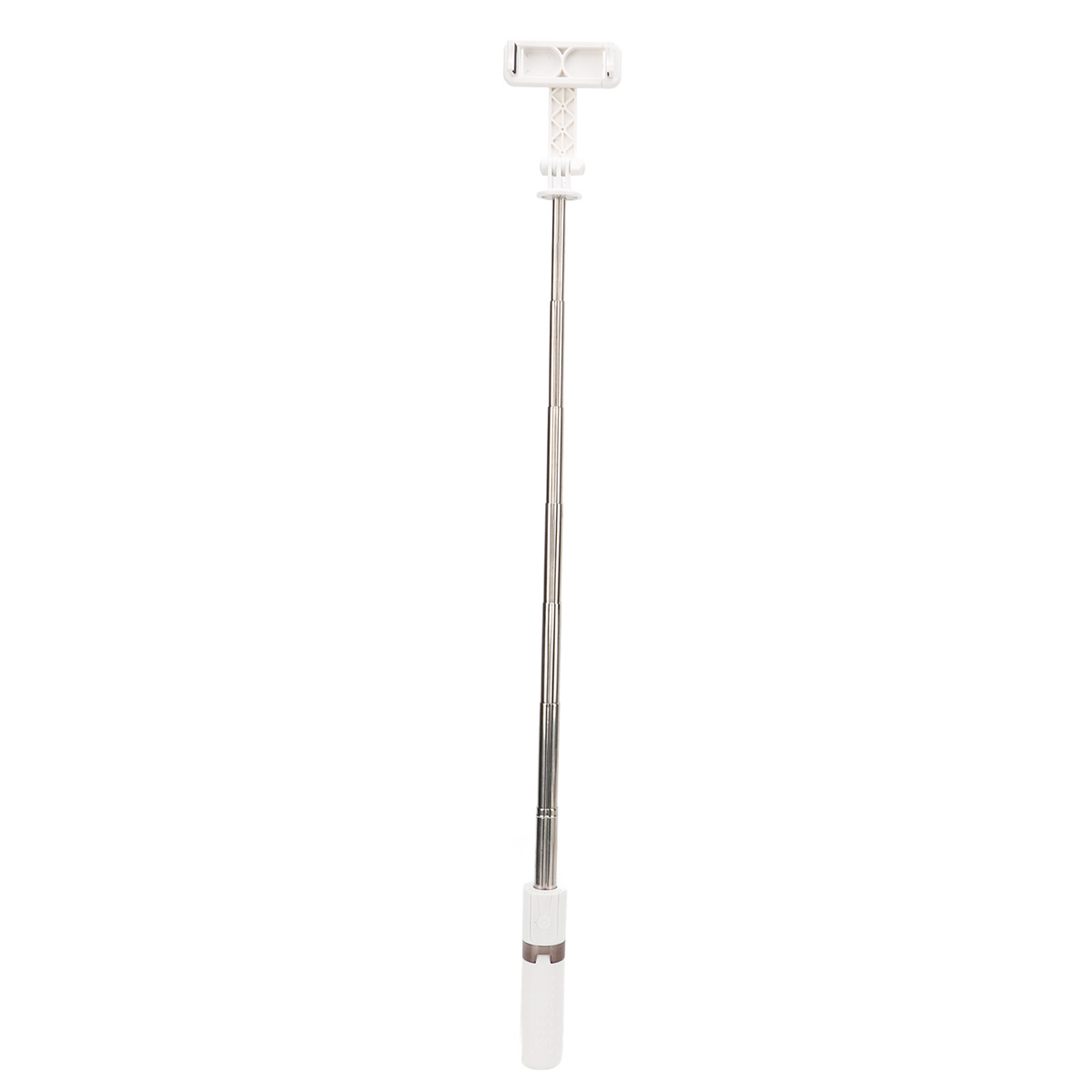 Ein weißer Selfie-Stick, vollständig ausgefahren, mit einer Telefonhalterung oben.
