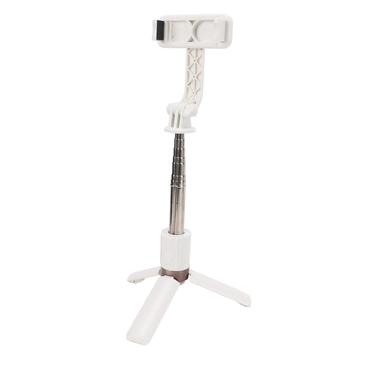 Weißer Selfie-Stick/Stativ, ausgefahren. Es hat eine Telefonhalterung oben und eine kleine Stativbasis.