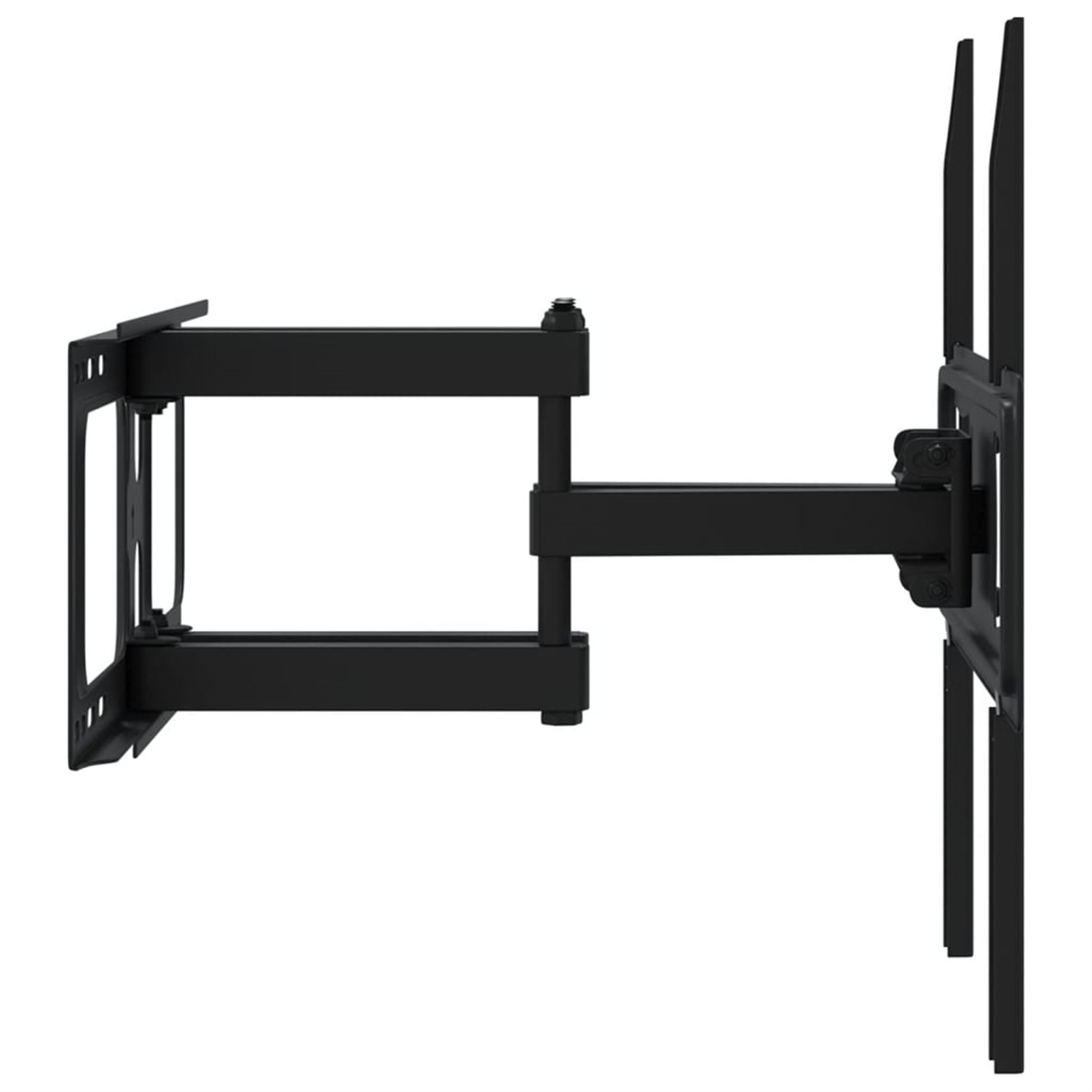 Schwarze TV-Wandhalterung, Seitenansicht, mit Gelenkarmen und Montageplatten.