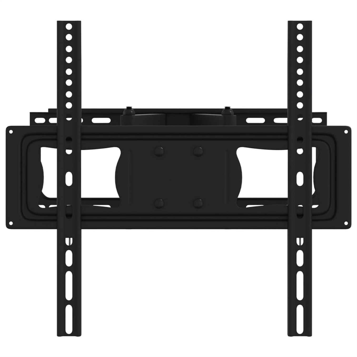 Schwarze TV-Halterung. Sie hat eine rechteckige Form mit vertikalen Montageschienen und einer zentralen Platte.
