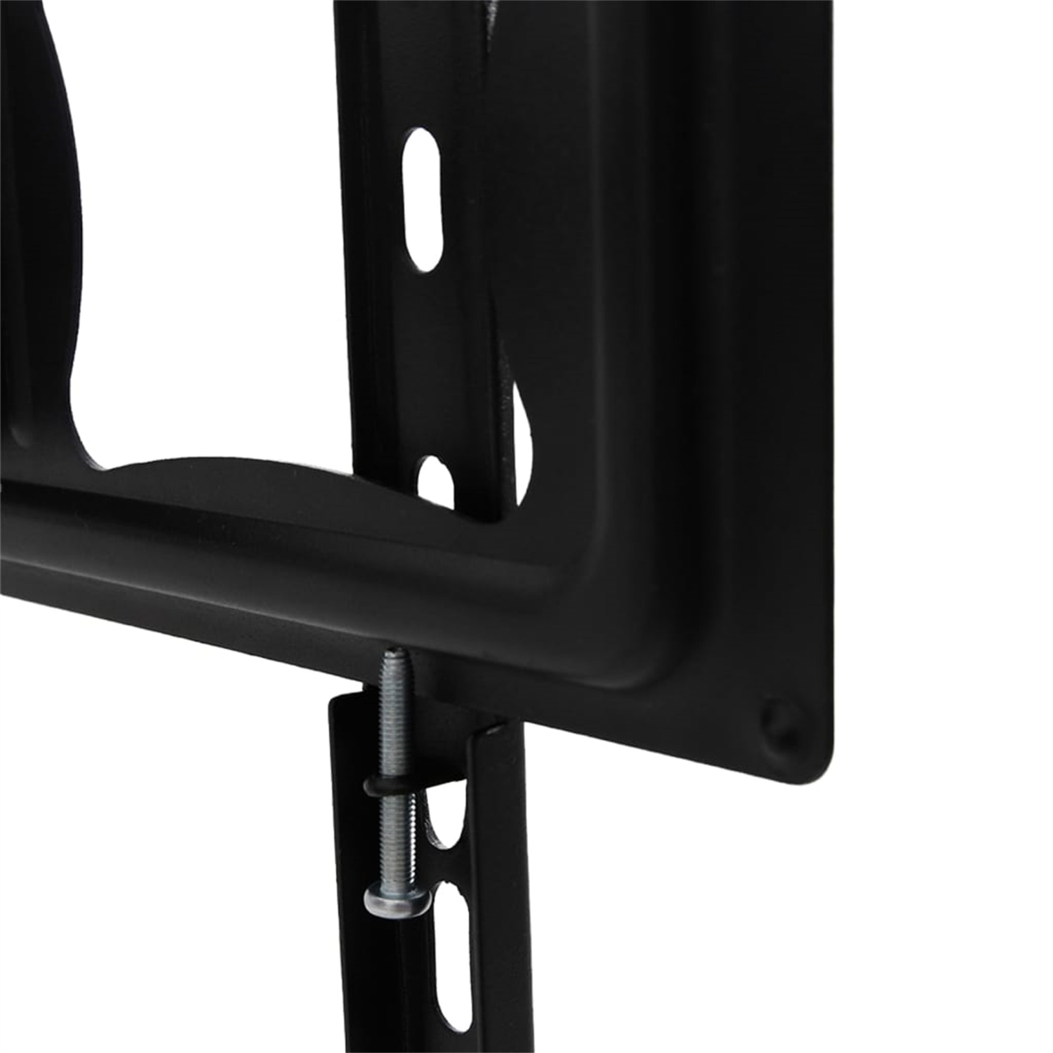 Eine schwarze TV-Halterung aus Metall. Sie hat eine Schraube und Löcher zur Montage auf weißem Hintergrund.