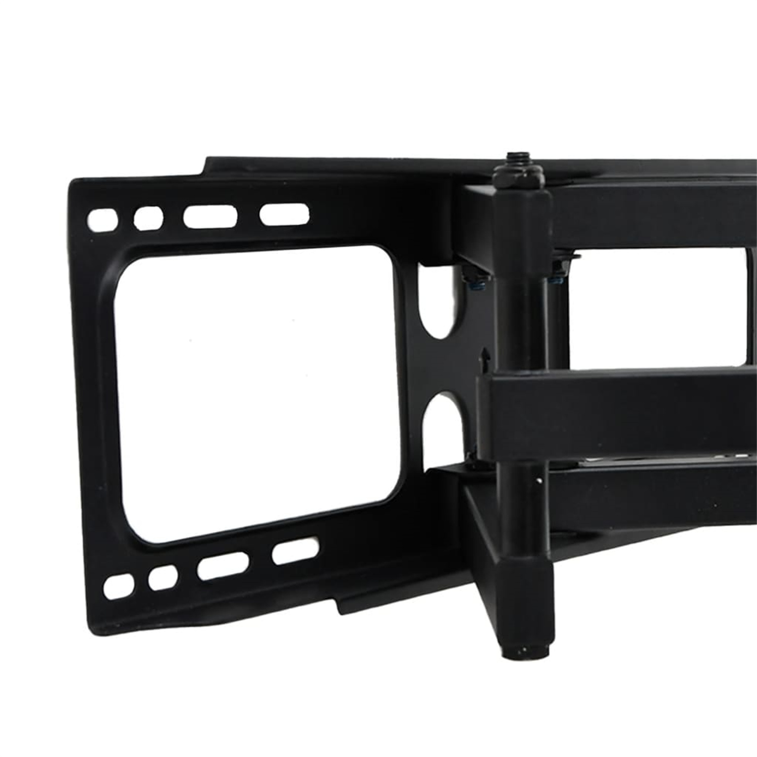 Eine schwarze Wandhalterung für einen Fernseher, mit einem rechteckigen Rahmen und Montagezubehör.