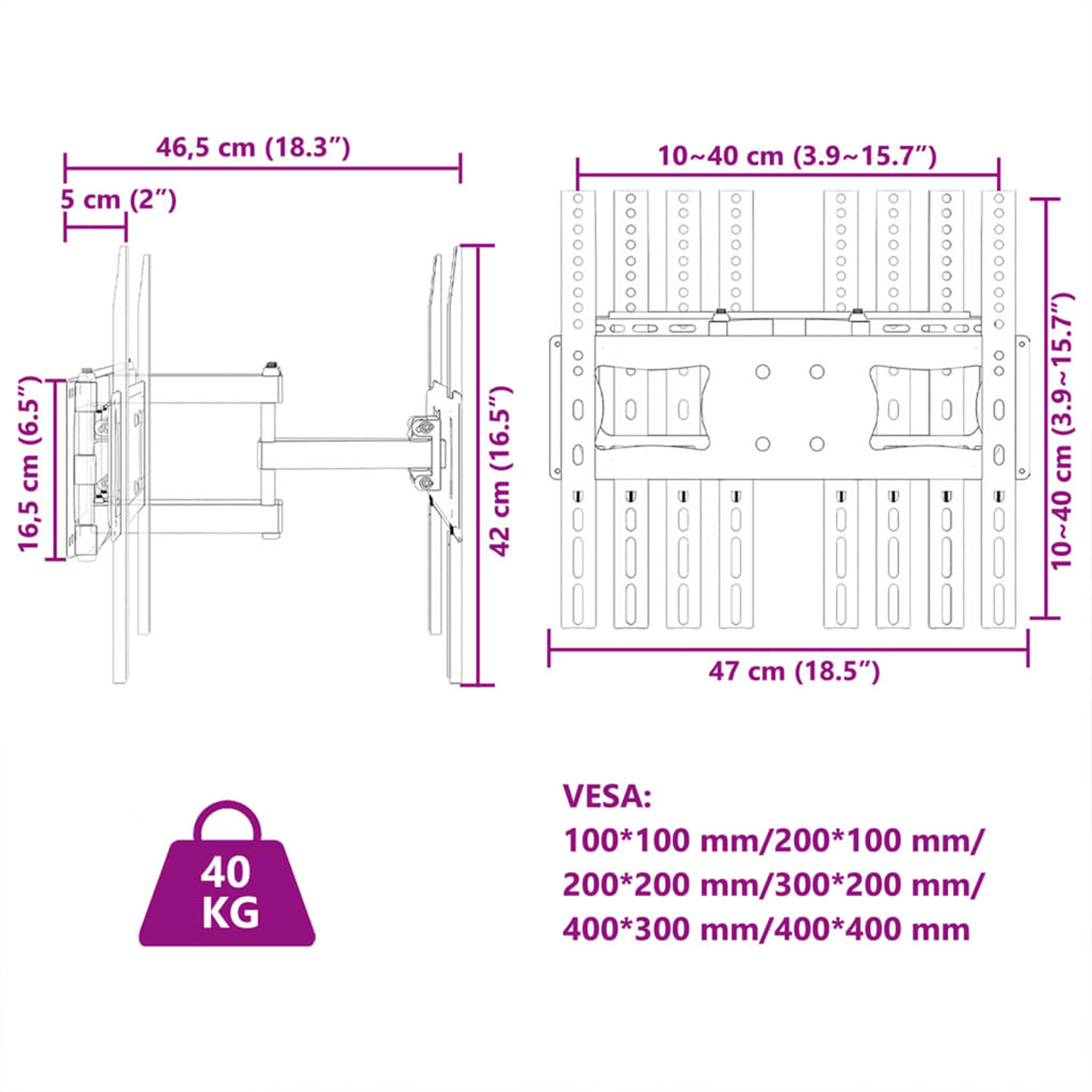 Diagramm einer TV-Wandhalterung mit Abmessungen, Gewicht und VESA-Standards, mit weißem Hintergrund.
