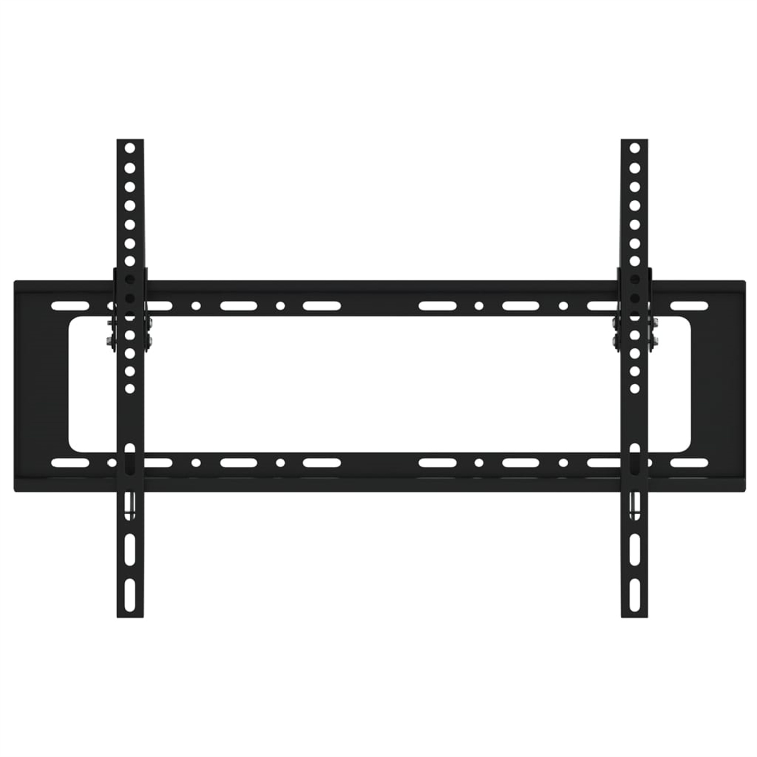 Schwarze, wandmontierte TV-Halterung. Es ist ein horizontaler Balken mit mehreren Löchern.
