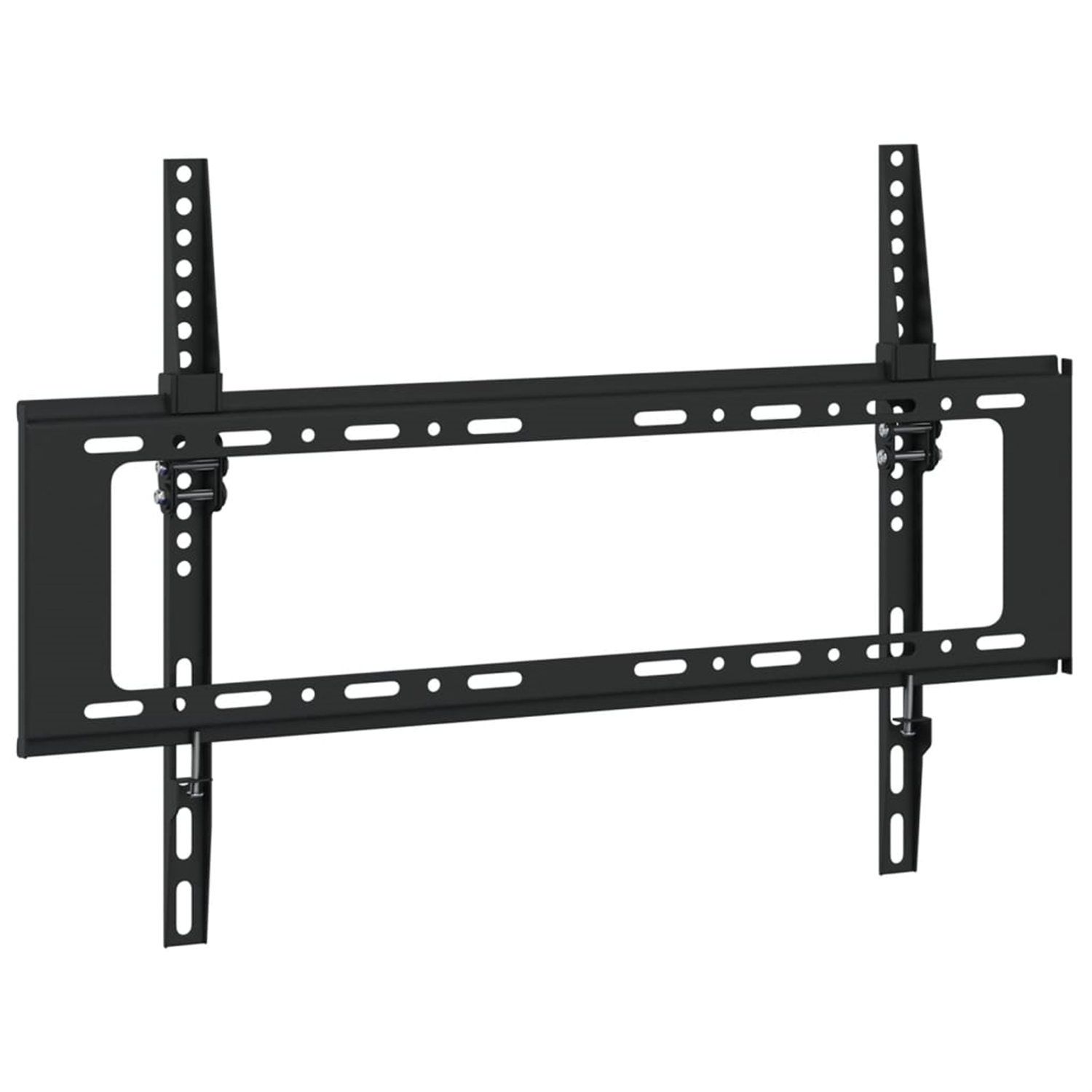 Eine schwarze, rechteckige TV-Halterung mit Befestigungslöchern, isoliert vor weißem Hintergrund.