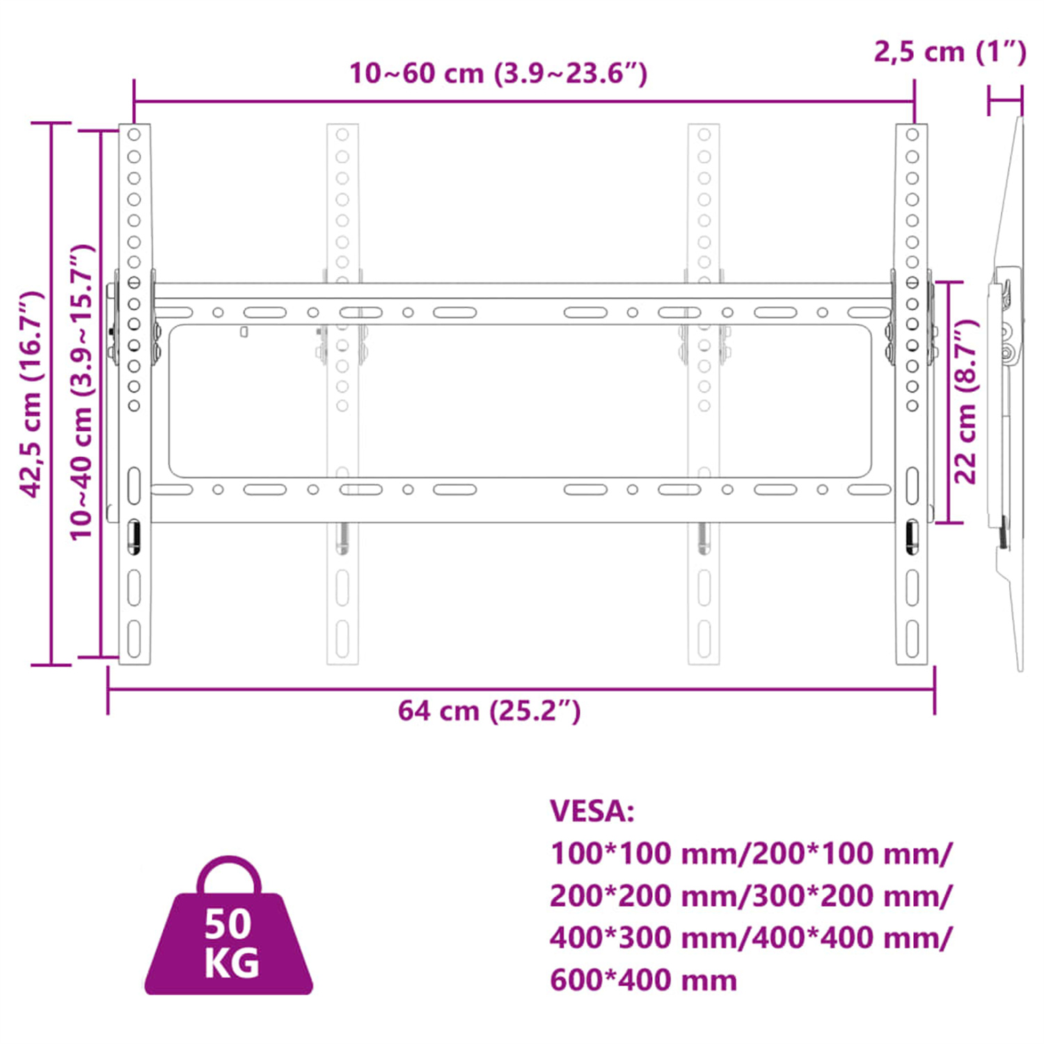 Diagramm einer TV-Wandhalterung mit Abmessungen und VESA-Spezifikationen.