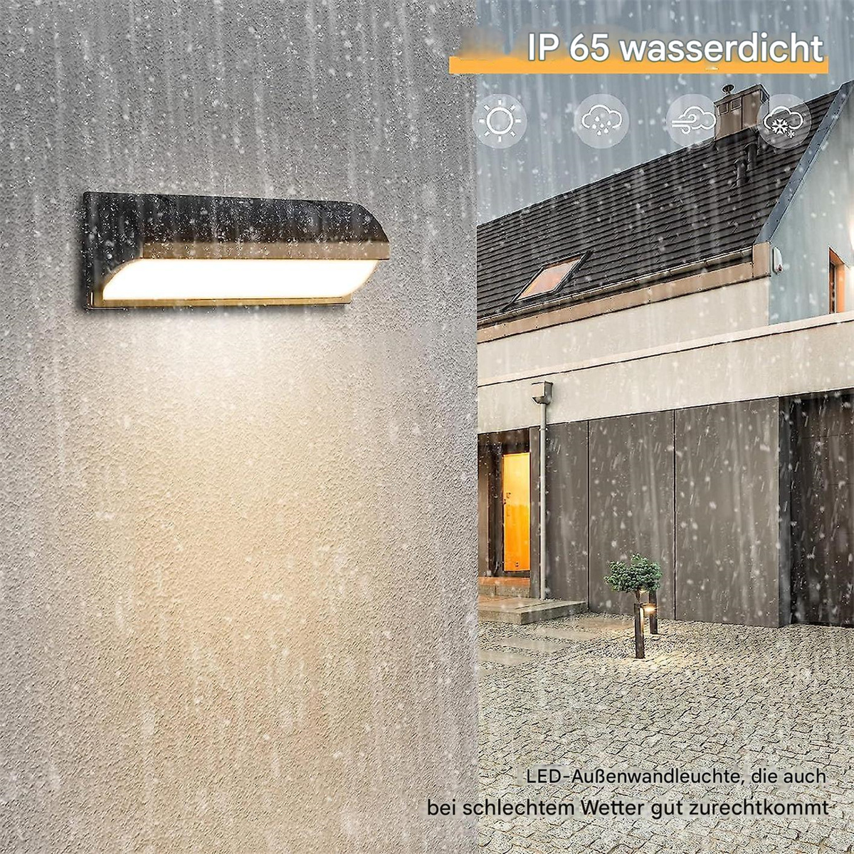 Wand-LED-Leuchte an einer Wand. Im Hintergrund ein Haus mit Regen.
