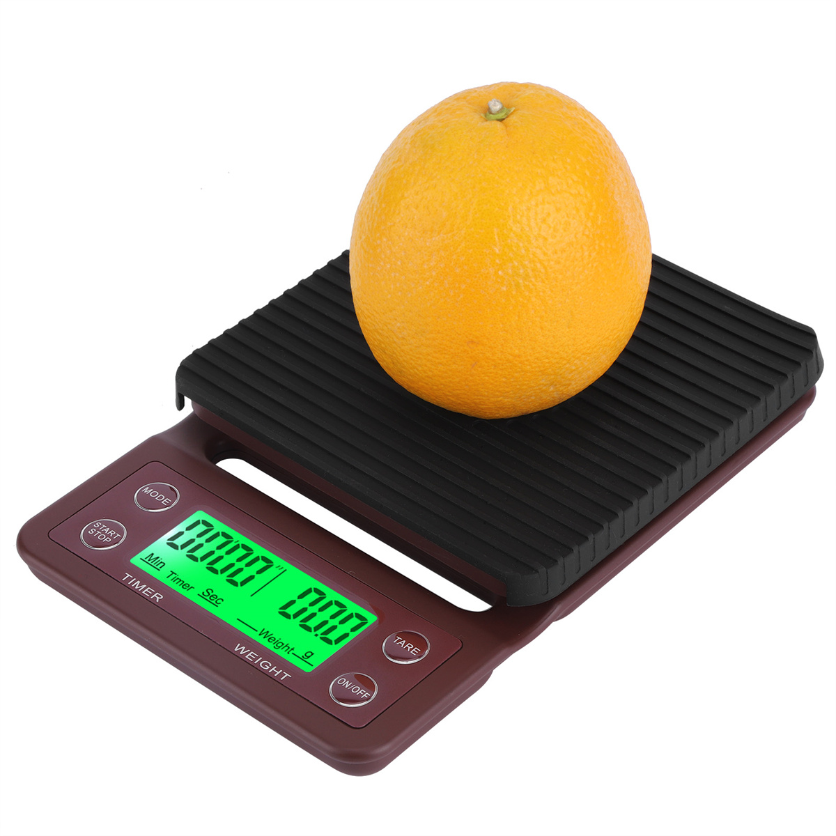 Digitale Waage mit einer Orange darauf. Braun- und Schwarz-Farbschema.