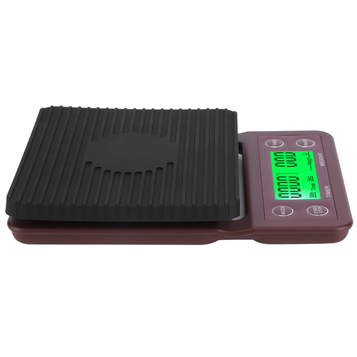 Eine Digitalwaage mit schwarzer Plattform und braunem Sockel, die ein Gewicht von Null anzeigt.