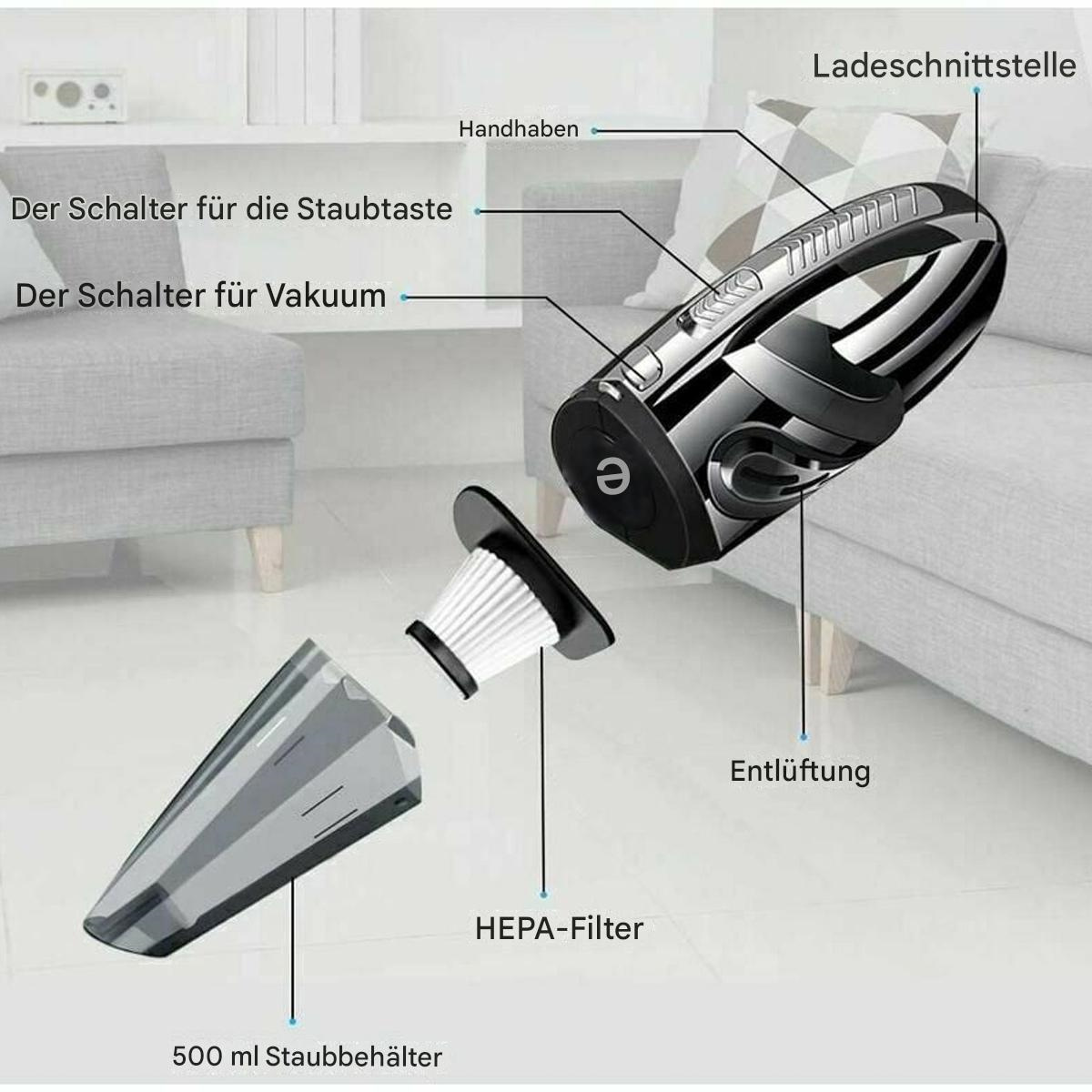 Eine Explosionsansicht eines Handstaubsaugers, die seine Teile und einen Filter zeigt.