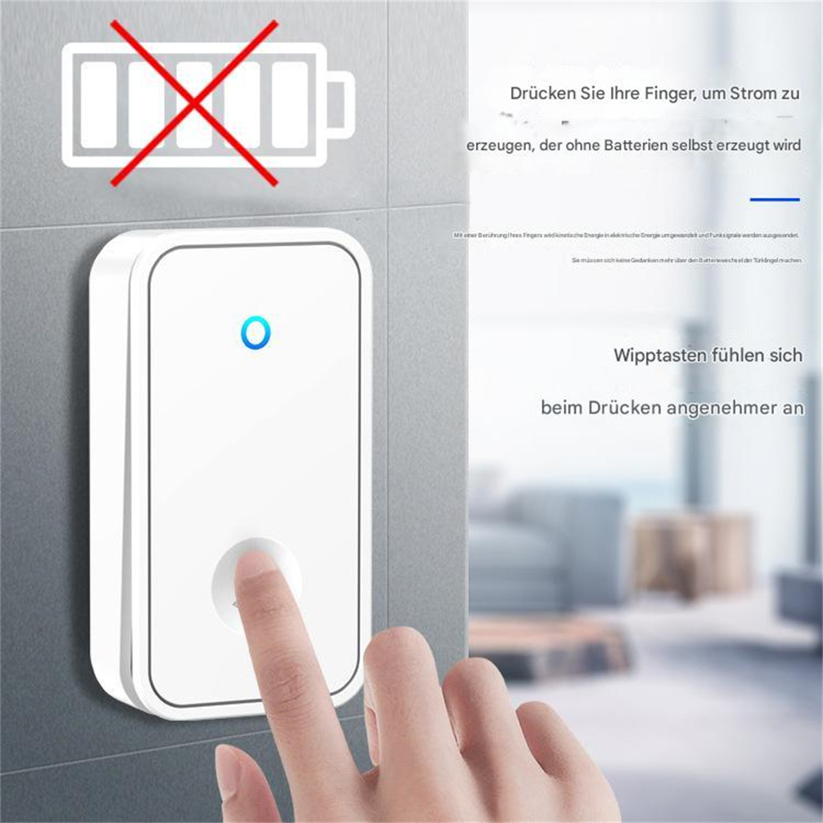 Eine Hand drückt einen weißen Smart-Schalter. Ein Batteriesymbol mit rotem X befindet sich oben links.