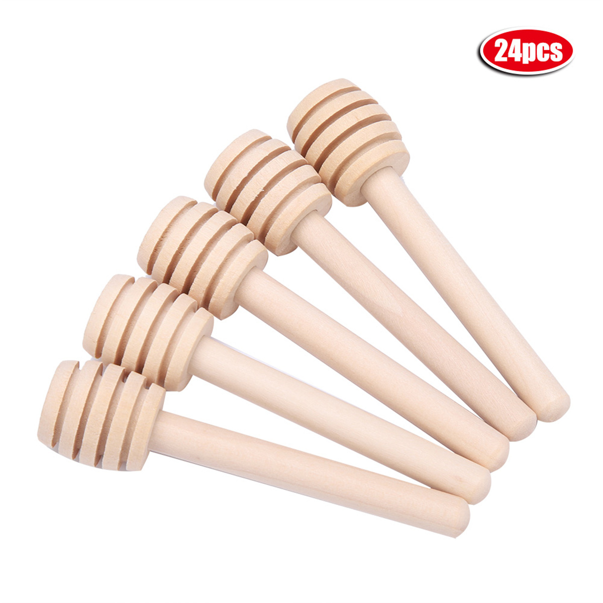 Fünf hölzerne Honig-Dipper fächerförmig angeordnet, hellbraun, mit gerippten Köpfen.