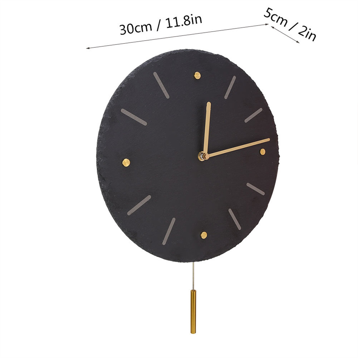 Eine schwarze runde Uhr mit goldenen Zeigern und Markierungen; ein goldener Pendel hängt unten. Abmessungen gezeigt.