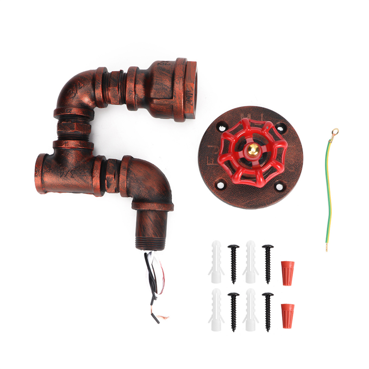 Kupferfarbene Industrie-Wandleuchte mit Rohrfittings, rotem Ventil und weißem Hintergrund.