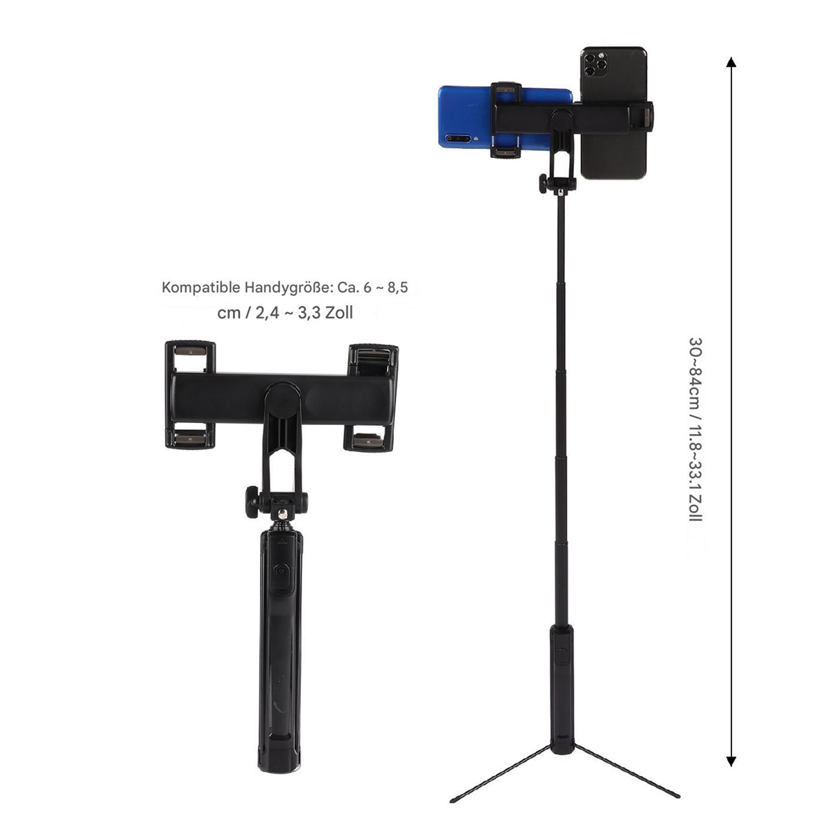 Selfie-Stick mit zwei Telefonen, eines blau, eines schwarz, vor weißem Hintergrund.