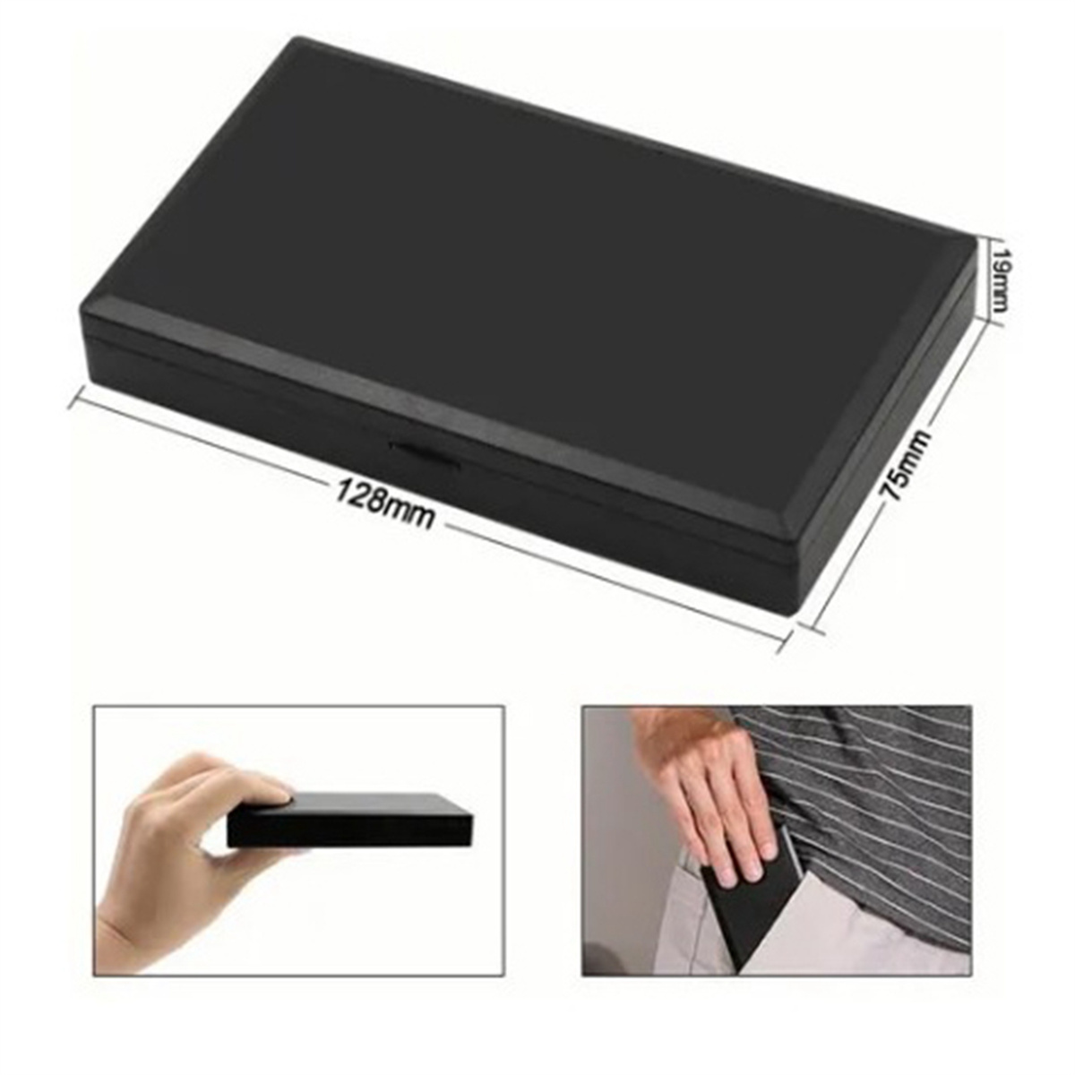 Eine schwarze Box mit beschrifteten Abmessungen und zwei kleineren Fotos, die eine Hand zeigen, die sie hält.