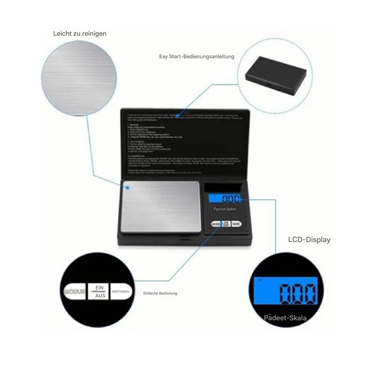Eine Waage mit beschrifteten Teilen, einschließlich eines LCD-Displays mit 000.