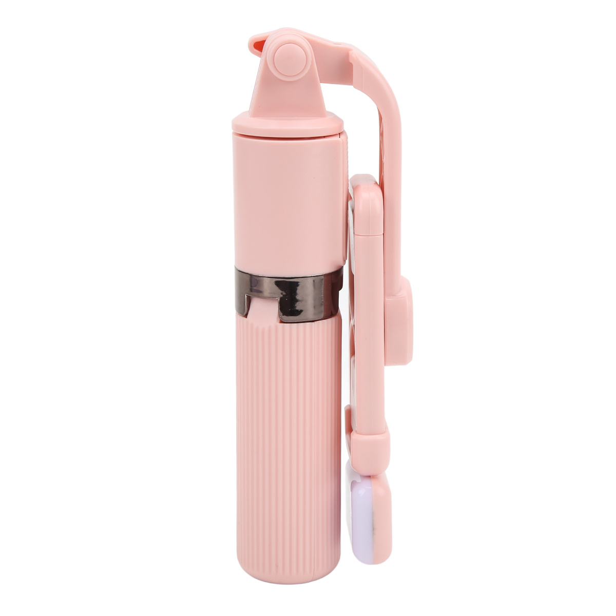 Ein rosa Selfie-Stick, geschlossen und flach liegend. Er hat einen Knopf und eine Telefonhalterung.
